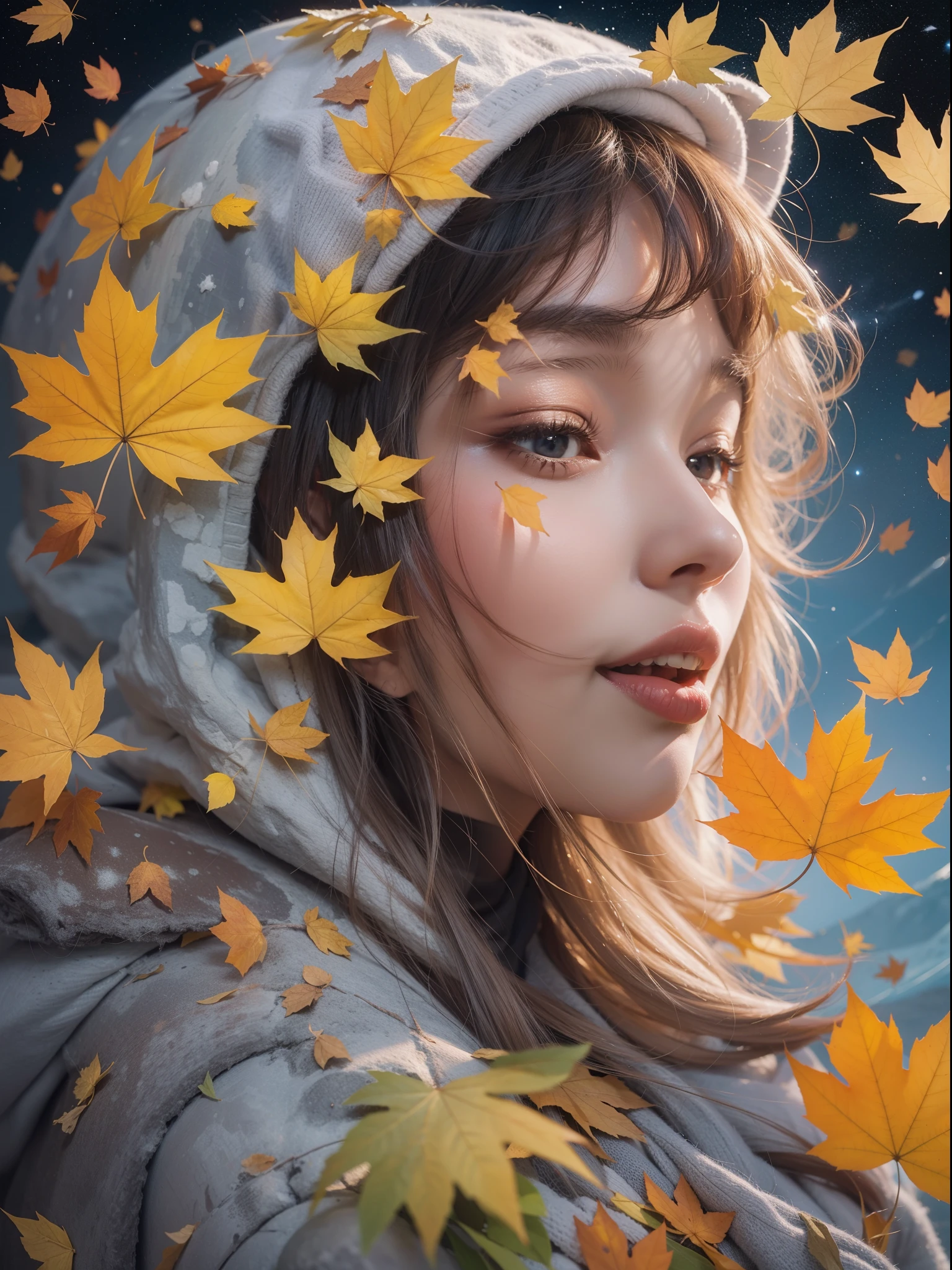 Girl enjoying the vacation on the moon, in space, falling maple leafs effects, masterpiece collection, award winning artwork, high detailed