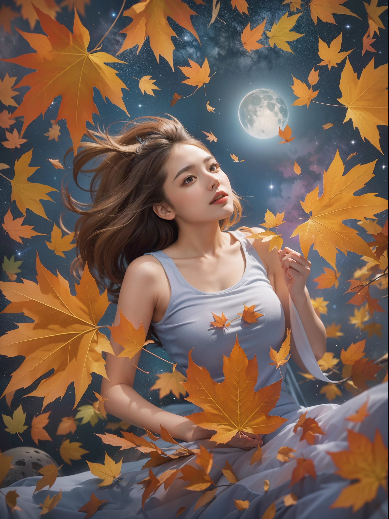 Girl enjoying the vacation on the moon, in space, falling maple leafs effects, masterpiece collection, award winning artwork, high detailed