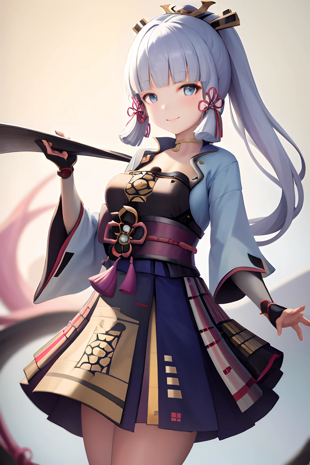 masterpiece, highres, best quality, 1girl solo, kamisato_ayaka, smile <lora:kamisato_ayaka:1.2>
arm guards, armored dress, breastplate, japanese armor, hand fan, fingerless gloves