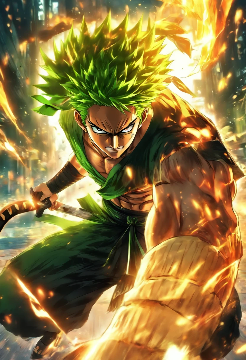 (best quality,highres,ultra-detailed,realistic:1.37),Zoro,sharp focus,dark background,vivid colors,anime style,katana,determined expression,dynamic pose,cool and confident,wind-blown hair,intense eyes,stripe bandana,strong and muscular body,tattoos,three sword style,dual wielding swords,samurai,black and white outfit,dark atmosphere,hint of mystery,shadowy figure,exquisite details,action-packed scene,ferocious attack,fast-paced movement,swirling sword slashes,epic battle,aura of power,gravity-defying jumps,master swordsman,display of skill and speed,captivating artwork,majestic presence,breathtaking illustration,thrilling adventure,endless possibilities
