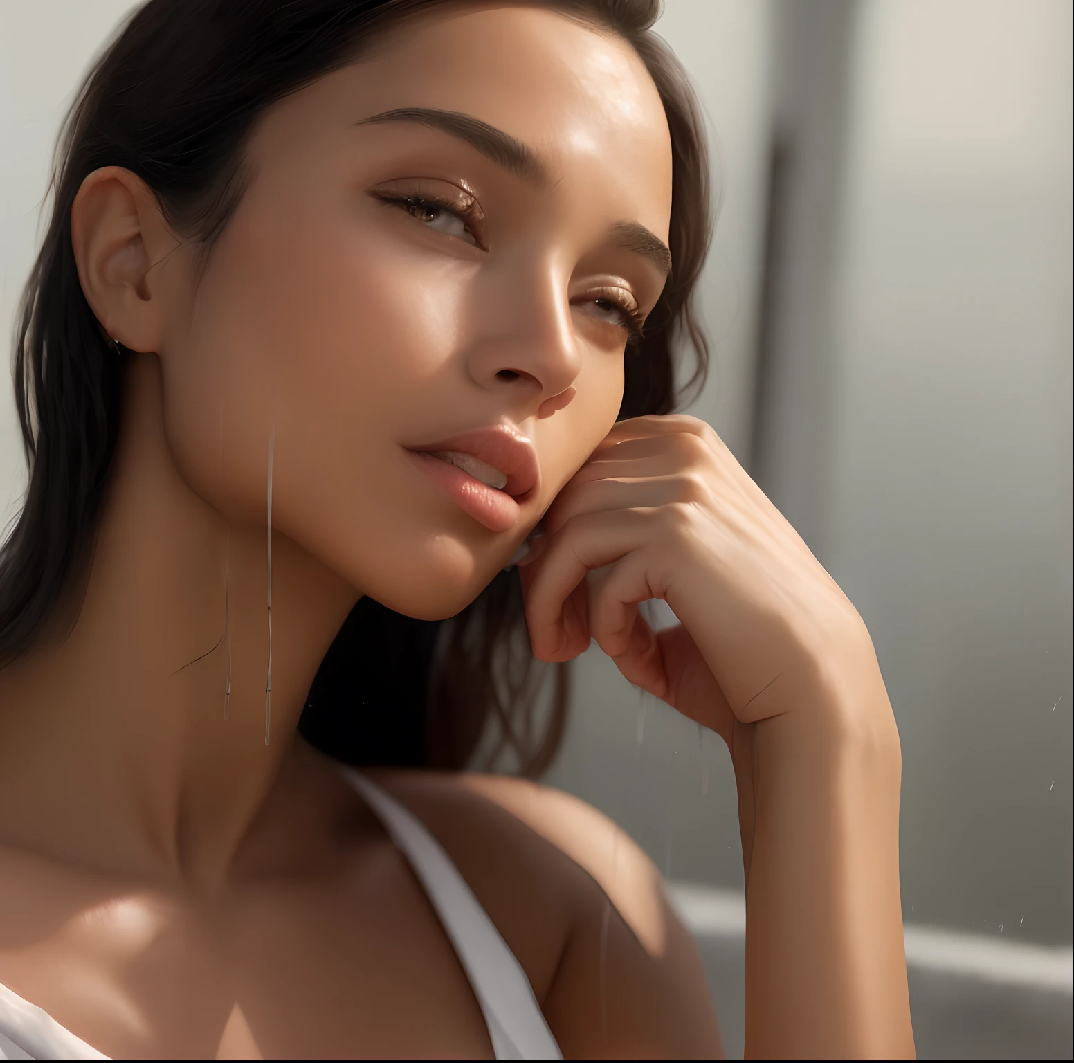 ((beste-Qualit, 8k, master piece: 1.3)), Mise au point nette: 1.2, Une belle femme avec un corps parfait: 1.4, Abdomen mince: 1.2, ((Layered Haircut, Gros seins: 1.2)), (Pas de soutien-gorge) (Petit et beau mamelon dur) (Thin, wet button up to shirt length: 1.1), (White shirt wet by the rain), (Pluie, rue: 1.2), WET BODY: 1.1, Highly detailed facial and skin texture, detailled eyes, double eyelidwork, tanned skin, sexy, bronzage, dark skinned, tanned body, exposed shoulders, décolleté