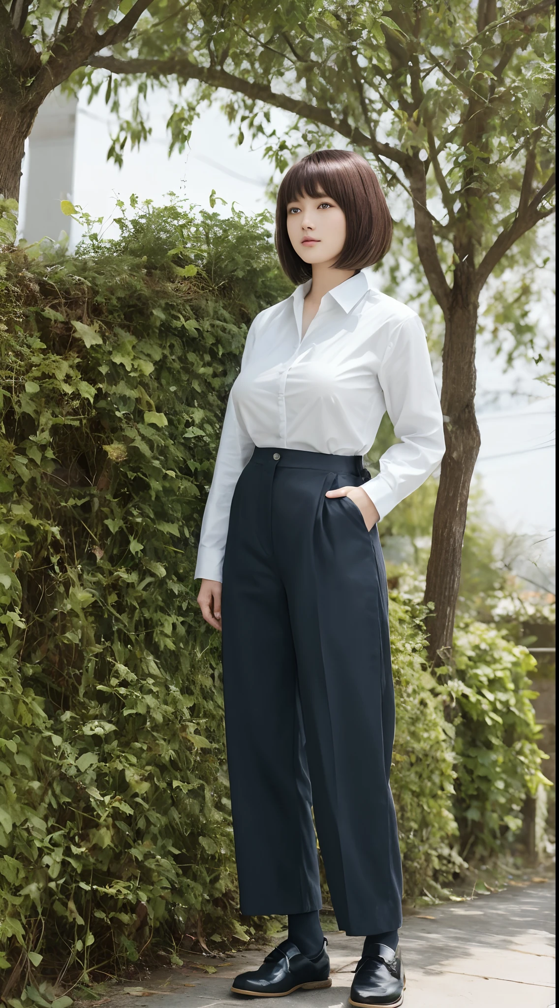 masutepiece、Best Quality、 ultra-detailliert、hight resolution、8K Wallpapers、Perfect dynamic composition,、Beautiful detailed eyes、(Beautiful Large Breasts:1.3)、27-year-old beauty、top-quality、Beautuful Women、Brown hair、Pattsun bangs、bob cuts、a small face、Cool Girl、black business jacket、Black Business Pants、Colossal tits、Chest protruding greatly from the shirt,、A slender、slender、slender body with large breasts,,,,,,,,,,,,,,,,,、Leather Heel Shoes、up chest、Rooftop of an urban building、Holding a book in your right hand、Beautiful woman reading a book、The left hand puts his hand in the pocket of his pants、The beauty of looking at books、sunlight from sky、Silence、Transcendental tranquility、Super detailed illustration、extra detailed face、Raw photography、film grains、Deviantart Trends、