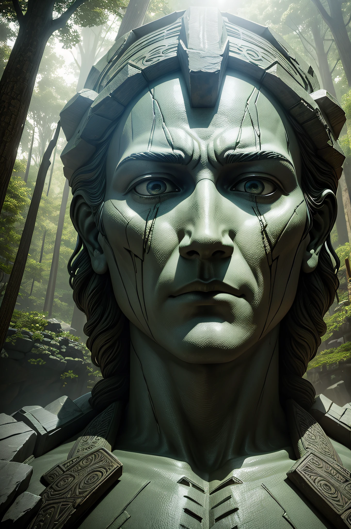 there is a large stone statue in the middle of a forest, stone eyes, movie still from 'thor', neo-andean architecture, face centered, playstation 2 screenshot, concept image, by Jung Park, the lost city of atlantis , face shown, google street view, 3 dmax, psytrance