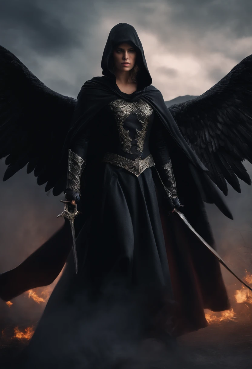 Realistic, 4K, Angels with no wings, Black clothes, dark cape, one hunting bow, Head hood in war background image (chaos)
