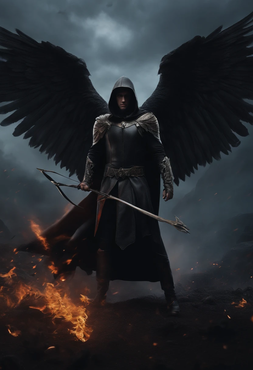 Realistic, 4K, Angels with no wings, Black clothes, dark cape, one hunting bow, Head hood in war background image (chaos)