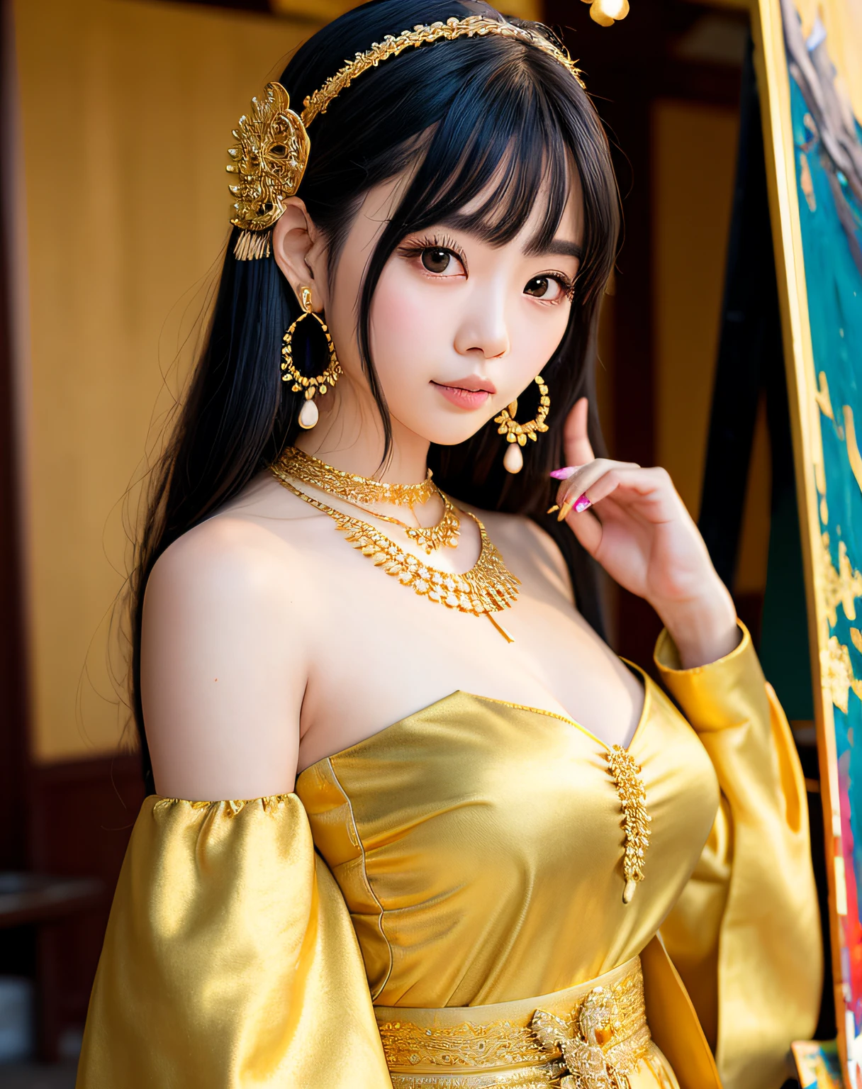 1girl, (ulzzang-6500:0.7), kpop idol, yae miko, detached sleeves, bare shoulders, gold hair, long hair, thai clothes, best quality, (painting:1.5), (hair ornament:1.35), jewelry, earrings, breasts,  lantern light, depth of field, detailed face, face focus, ribbon_trim, (looking at viewer:1.25), nontraditional miko, shiny skin, long sleeves, smile, thick lips, hands on lips, east asian architecture, (blurry background:1.2), upper body, , (thai temple background:1), (gold necklace:1.2), (long black hair:1)