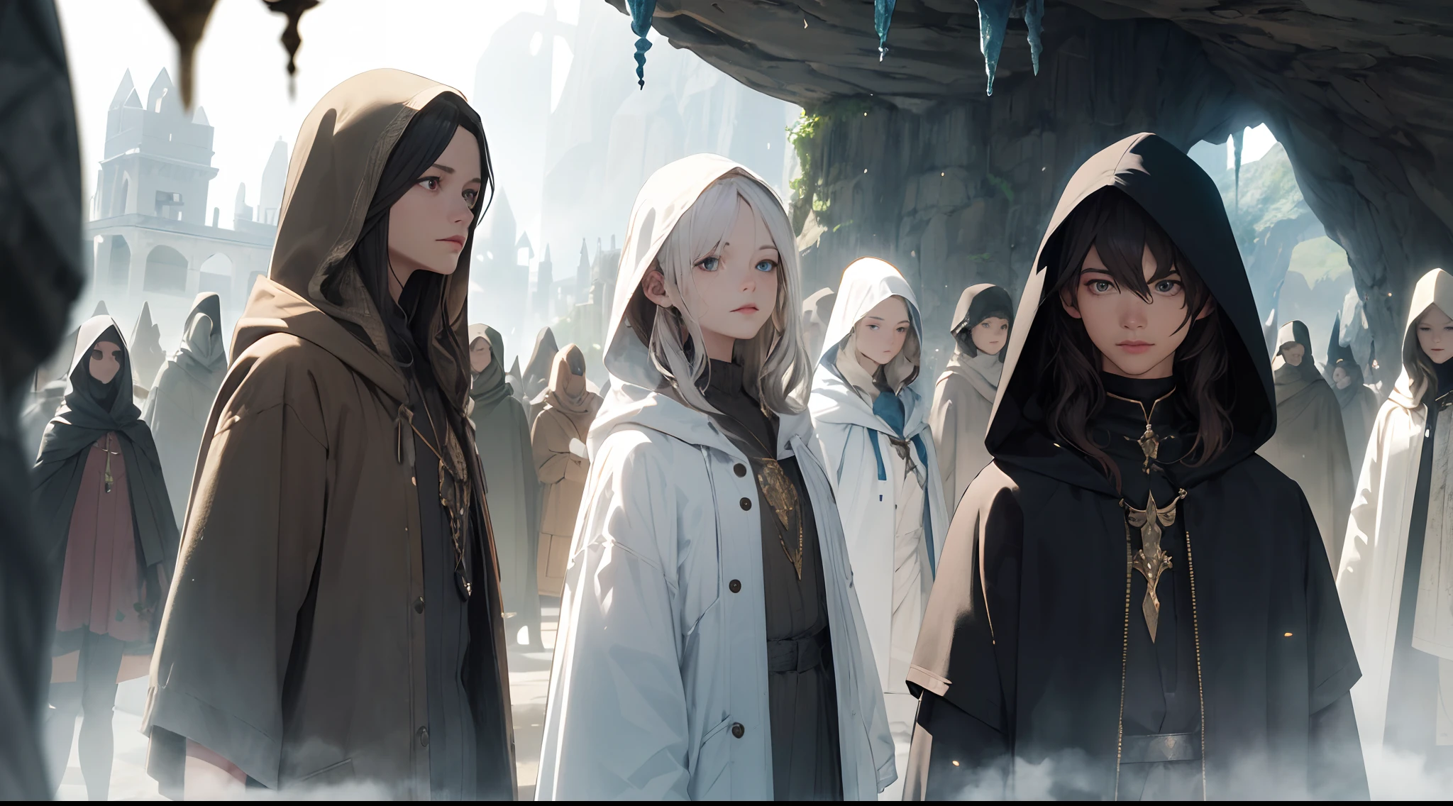 ((Best quality)), ((masterpiece)), ((realistic)), A group of white mannequins, small and big, small and big, faces without eyes, ears, nose and eyebrows dimly lit cave, glowing crystals, hooded cloak, ancient runes, powerful spell book, deep shadows, on eye level , scenic, masterpiece