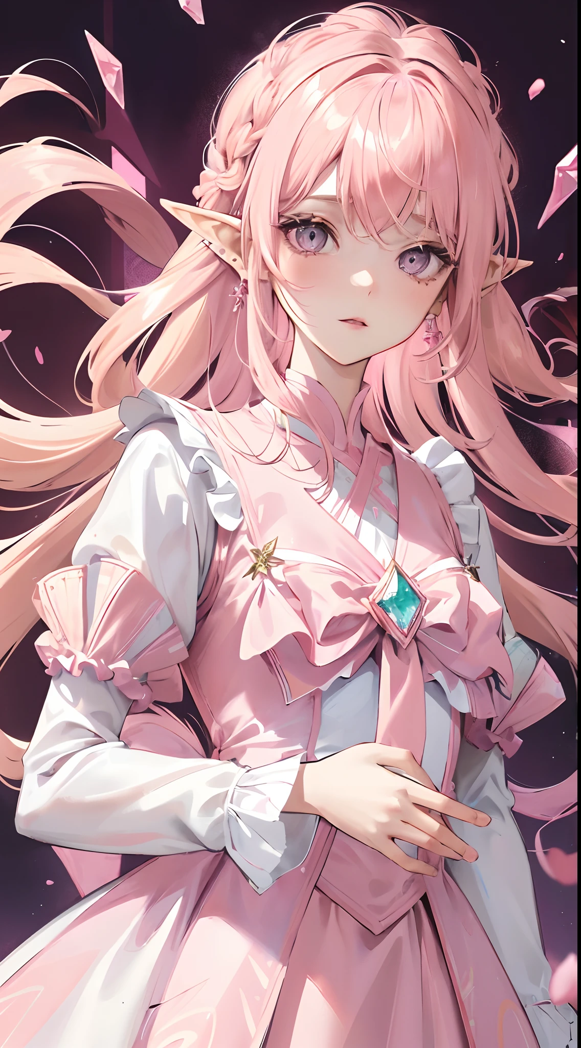 quadratic element，girl，light pink colored hair，Pink gemstone eyes，Pink clothes，Short white dress，Love earrings，Light pink garland，（Extreme）（tmasterpiece）（best qualityer）（Super refined）（illustration）（detailedlight）（Blonde hair）（Elf ears）（ellegance）（shine）（Pink sailor suit）（half-body portrait）