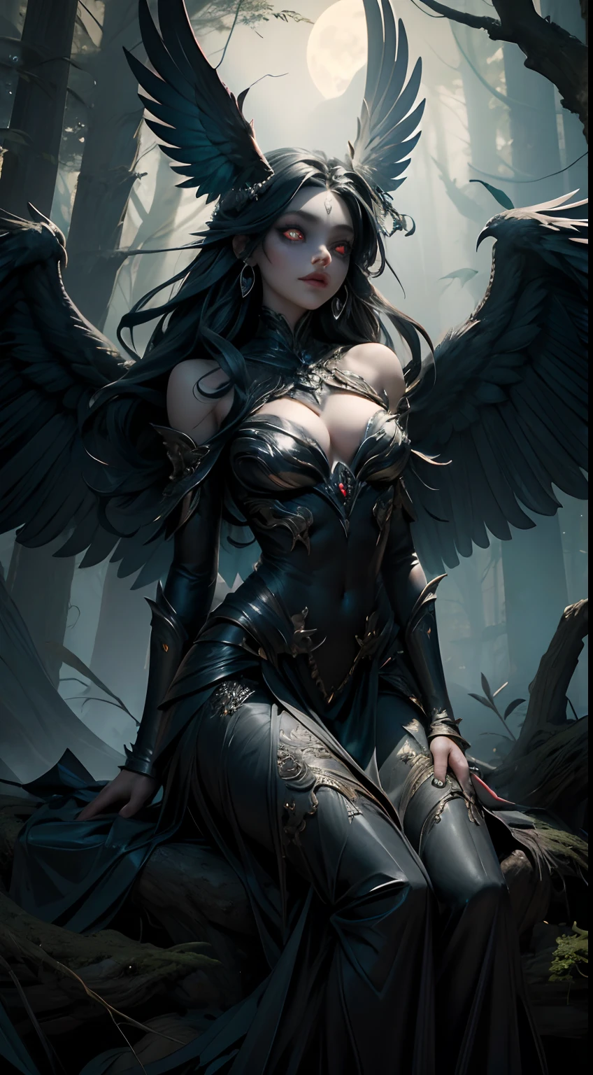 Harpyia is a mythological creature that combines bird and human elements. Their body resembles a woman with human hands and head, but they have large wings similar to birds of prey. These wings have thick feathers and sharp tips, giving a fierce and deadly impression. Harpyia's face was decorated with sharp eyes full of intelligencem, A statue of a terrifying woman on top of human skulls in a dense, Dark forest at night in full moonlight, Clima denso, gothic horror vibes, arte de fantasia de terror, cores mortas