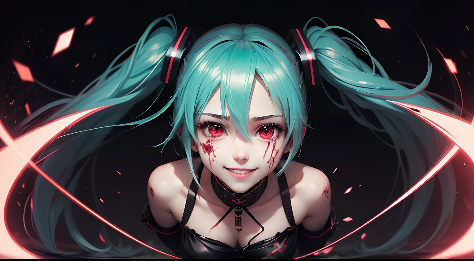 Hatsune Miku com o rosto manchado de sangue, With a menacing look and shining eyes, sorrindo e olhando pra tela, with camera angle from bottom to top in a dark room. Estilo anime 2D