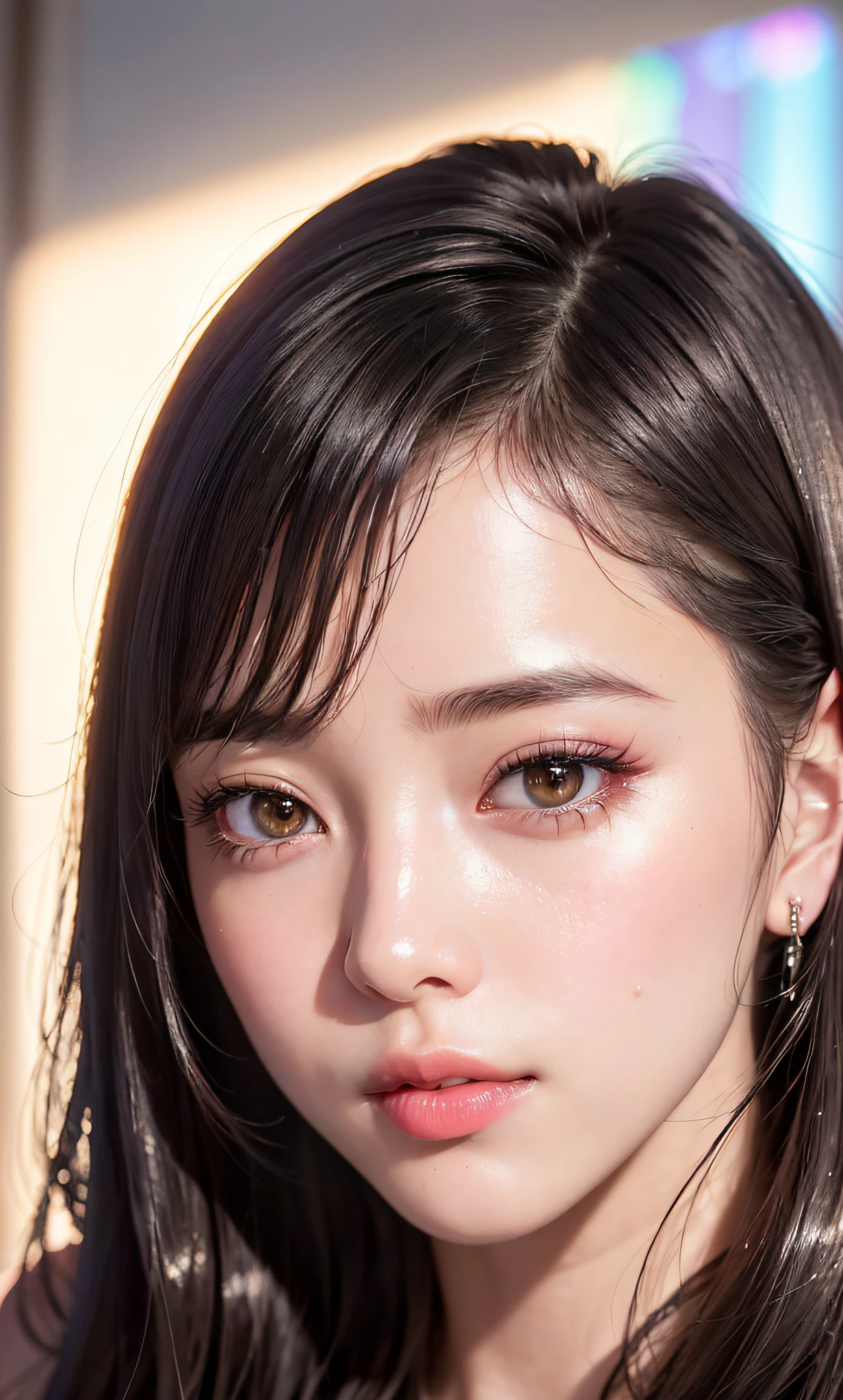 (8k, RAW photo, photorealistic: 1.25), (lip gloss, eyelashes, shiny face, shiny skin, best quality, ultra-high resolution, depth of field, chromatic aberration, caustics, wide range of lighting, Natural shading, Kpop idol) looking at the viewer with a calm and goddess-like happiness,