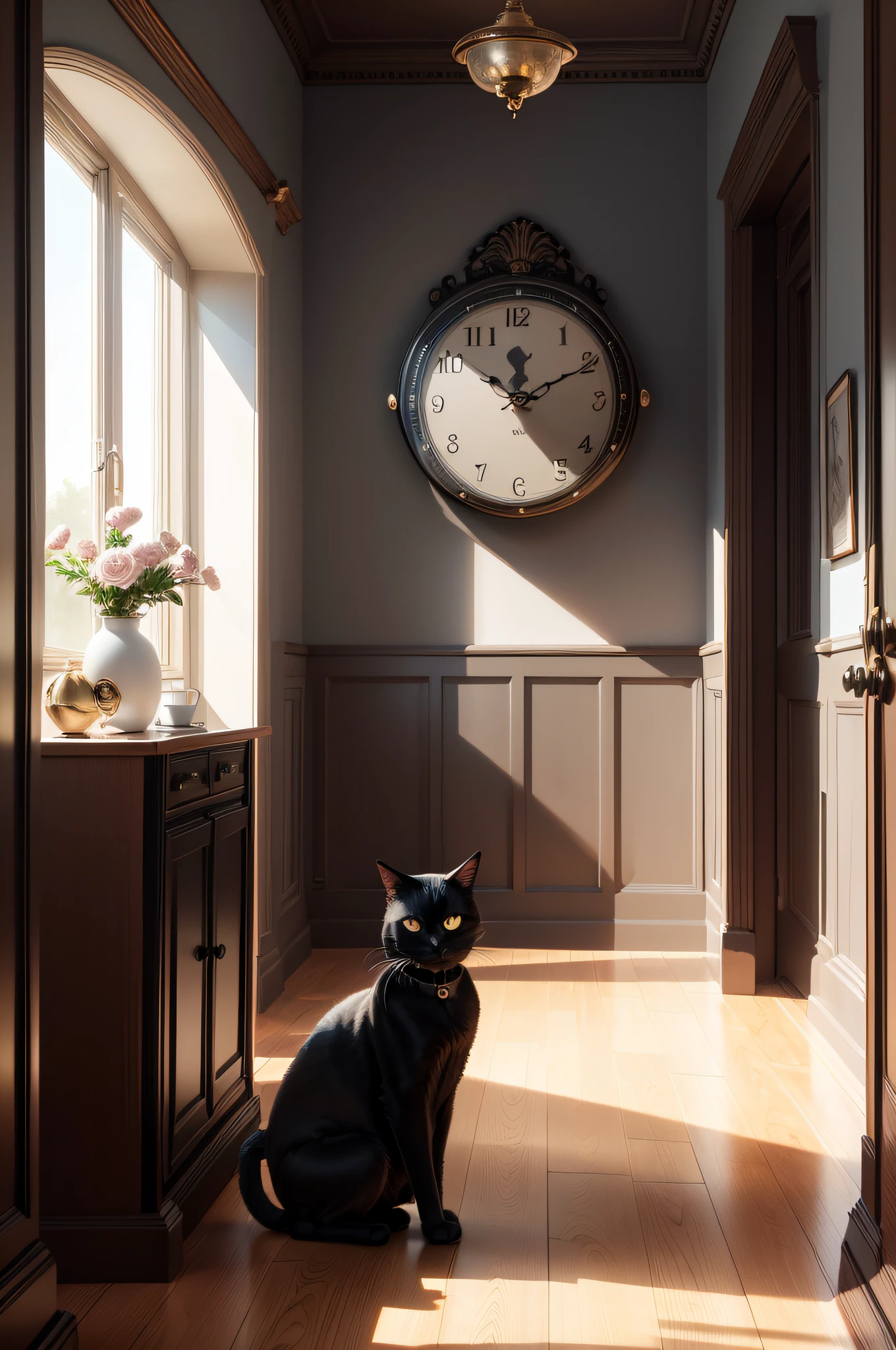 American contemporary antique room, Black cat wall clock, Tin trailer, Pixar, UHD, ccurate, high details, award winning, best quality
