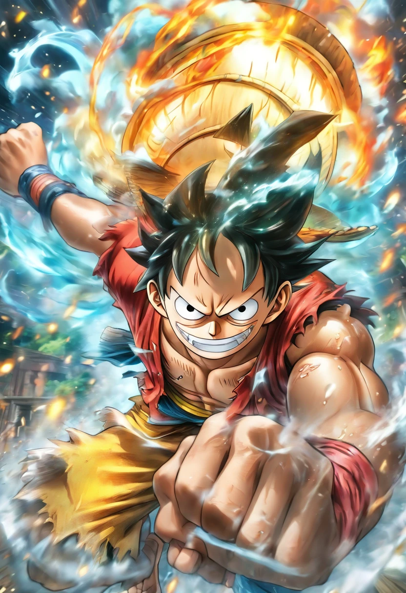 (best quality,4k,8k,highres,masterpiece:1.2),ultra-detailed,(realistic,photorealistic,photo-realistic:1.37),creatively portrayed main character,brave and determined,Luffy,showing his iconic straw hat,astonishingly detailed facial features,vibrant red vest,animated and dynamic pose,focused and determined expression,beautifully illustrated in a comic book style with bold lines and vibrant colors,action-packed scene with Luffy using his signature Gum-Gum Pistol attack,energetic and expressive movements,unique and captivating art style,capturing the adventurous spirit of One Piece,fantasy world with vibrant and lush environment,impressive visual effects and dynamic composition,captivating the viewers with its sense of excitement and wonder,perfectly blending the elements of action, adventure, and fantasy,bringing the beloved character to life on the canvas,paying homage to the iconic anime and manga series with a stunning artwork.