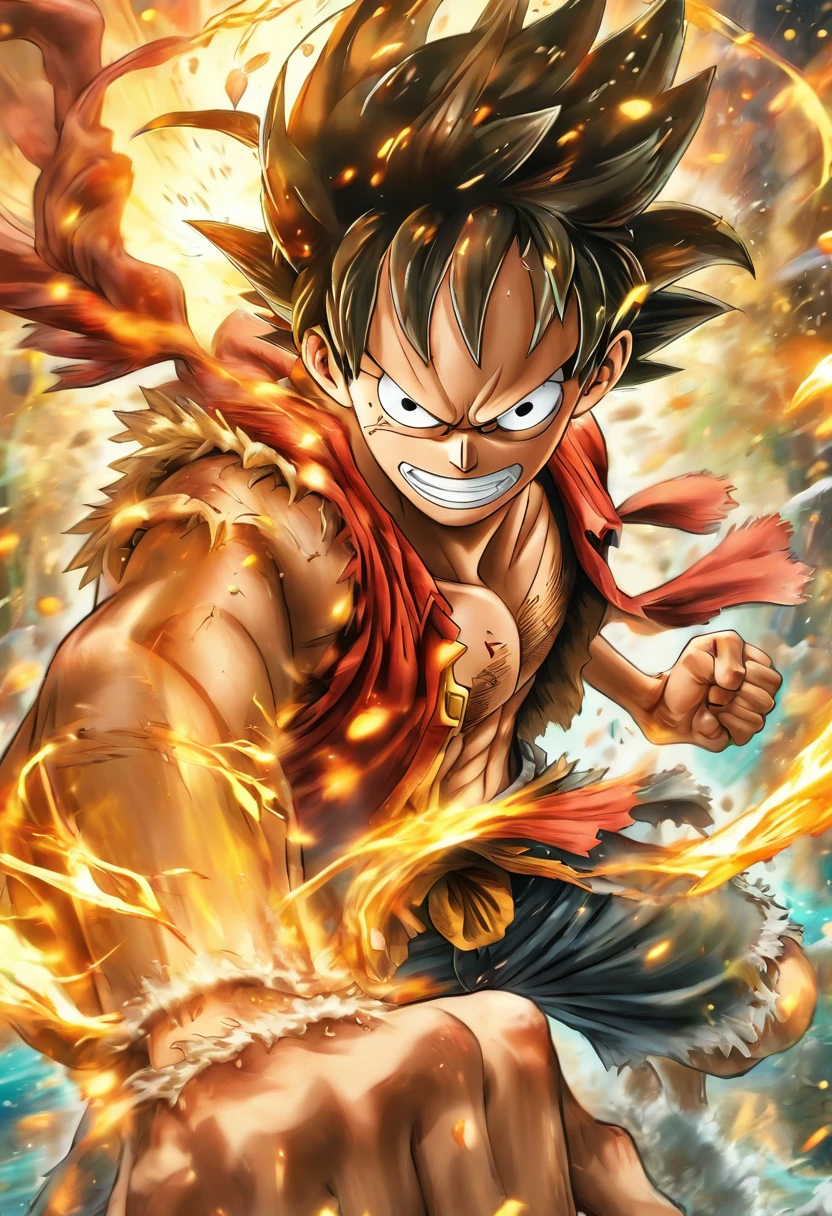 Luffy (Anime One piece) in gear mode 5, Very detailed body and face, hitting pose with flashes of black lightning in the area of his hands, very detailed on the hands, shining white light background (gaya anime), below it says 'RED ROCK' in bold style and in red, high quality, high resolution, reaolusi uhd,
