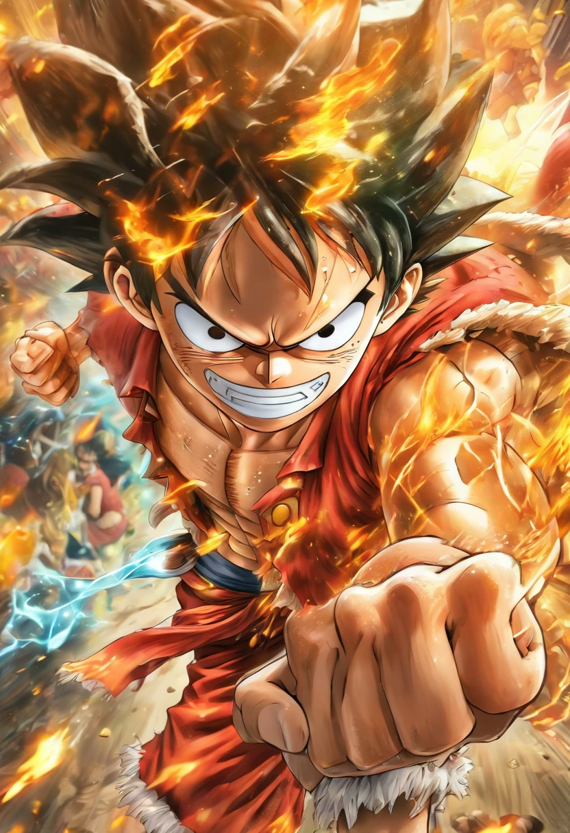 (best quality,4k,8k,highres,masterpiece:1.2),ultra-detailed,(realistic,photorealistic,photo-realistic:1.37),creatively portrayed main character,brave and determined,Luffy,showing his iconic straw hat,astonishingly detailed facial features,vibrant red vest,animated and dynamic pose,focused and determined expression,beautifully illustrated in a comic book style with bold lines and vibrant colors,action-packed scene with Luffy using his signature Gum-Gum Pistol attack,energetic and expressive movements,unique and captivating art style,capturing the adventurous spirit of One Piece,fantasy world with vibrant and lush environment,impressive visual effects and dynamic composition,captivating the viewers with its sense of excitement and wonder,perfectly blending the elements of action, adventure, and fantasy,bringing the beloved character to life on the canvas,paying homage to the iconic anime and manga series with a stunning artwork.