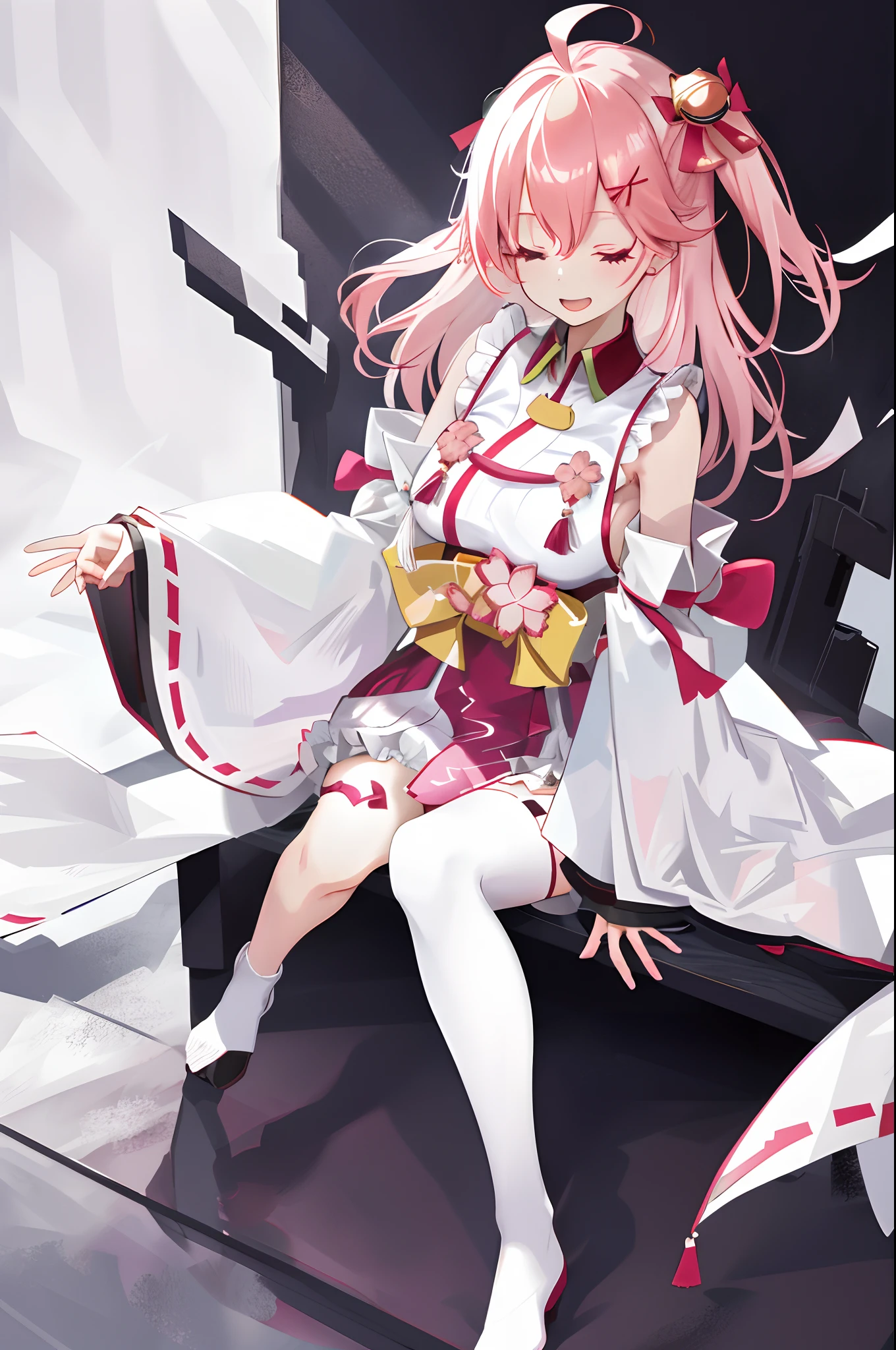 masterpiece, best quality, highres, miko1, sakura_miko, 1girl, big_boobs, solo, ahoge, x_hair_ornament, pink_hair, floral print, hairclip,(side_less_clothes:1.5), (side_boobs:1.5), hair_bell, floral print, long_hair, hair between eyes, one side up, white thighhighs, asymmetrical legwear, wide sleeves, open_mouth,(happy:1.3),close_eyes,big_smile,(raise_leg:1.3),plump,apart_legs,(overly_long_sleeves:1.3),),sleeves_past_wrists,hands_hidden_sleeves,sidelock_clothes,dynamic_posing,solo,hidden_wrists,(XD:1.5),covered_nipples,nsfw,plump,sunlight,(bare_flank:1.3)