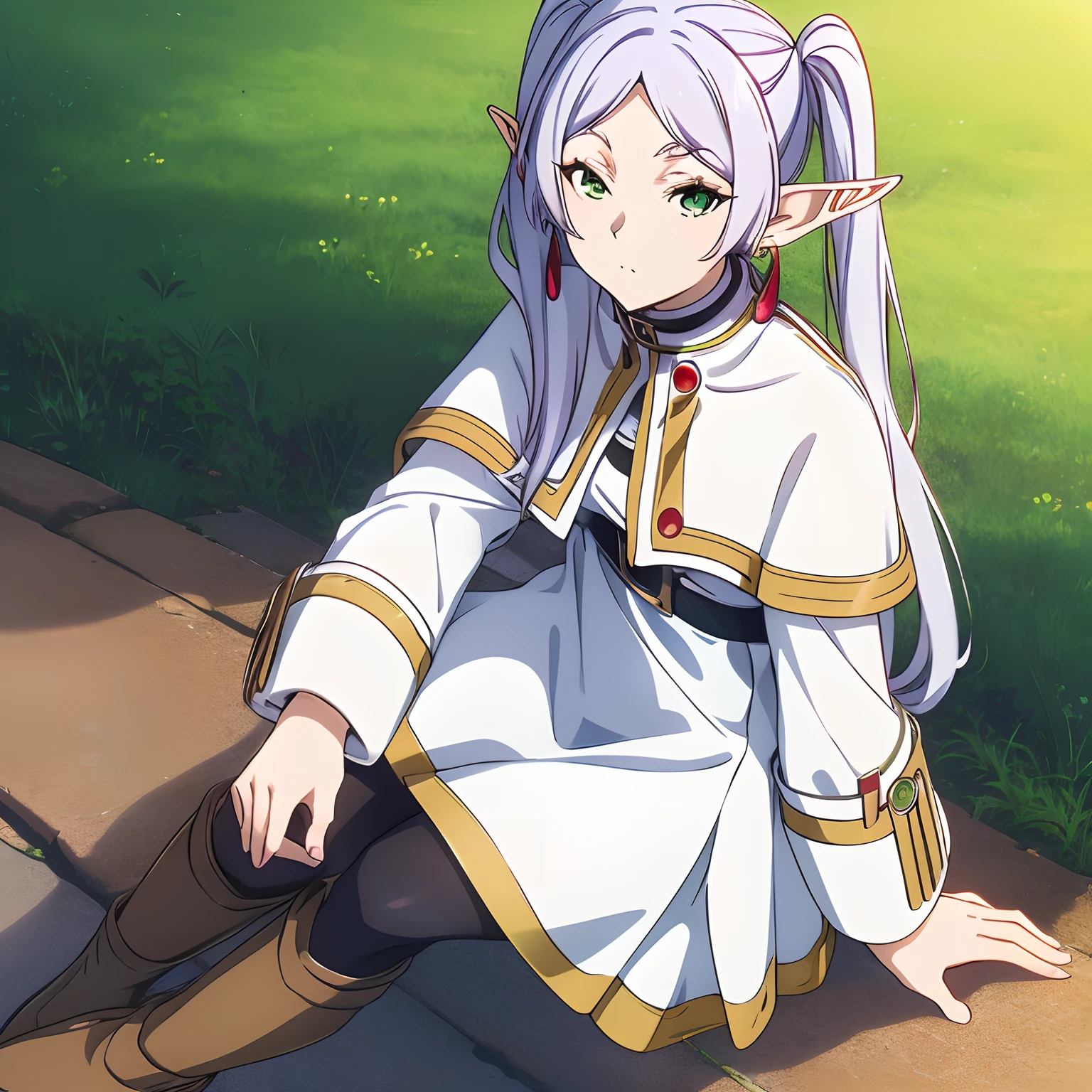 ((masutepiece)), (Best Quality), hight resolution, Ultra-detailed,
1girl in, earrings, elf, Long hair, Long sleeves, pointy ear, Solo, Twin-tailed, Green eyes, earrings, White hair, Looking at Viewer,
white capelet, long boots, Brown Footwear, Black pantyhose, Sitting