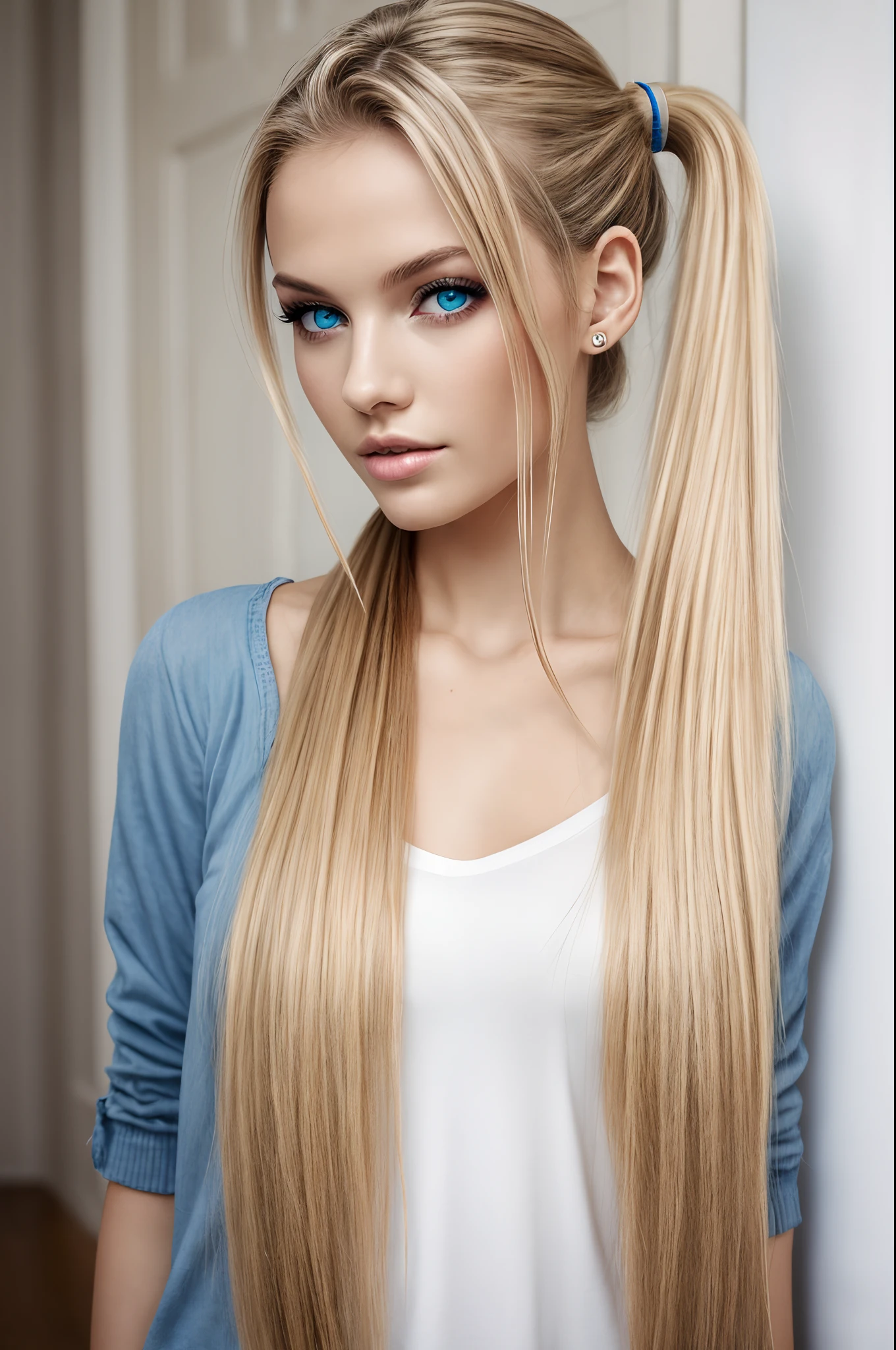 Long ponytail, Blue eyes, Blonde