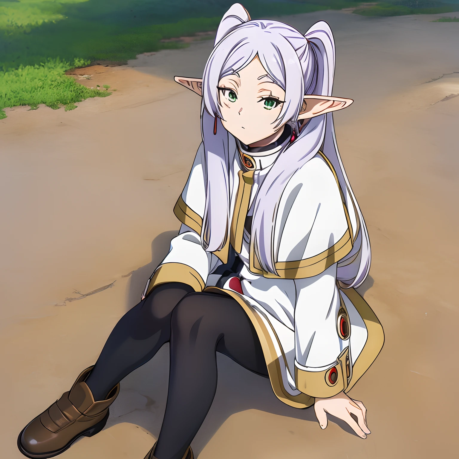 ((masutepiece)), (Best Quality), hight resolution, Ultra-detailed,
1girl in, earrings, elf, Long hair, Long sleeves, pointy ear, Solo, Twin-tailed, Green eyes, earrings, White hair, Looking at Viewer,
white capelet, long boots, Brown Footwear, ((Black pantyhose)),