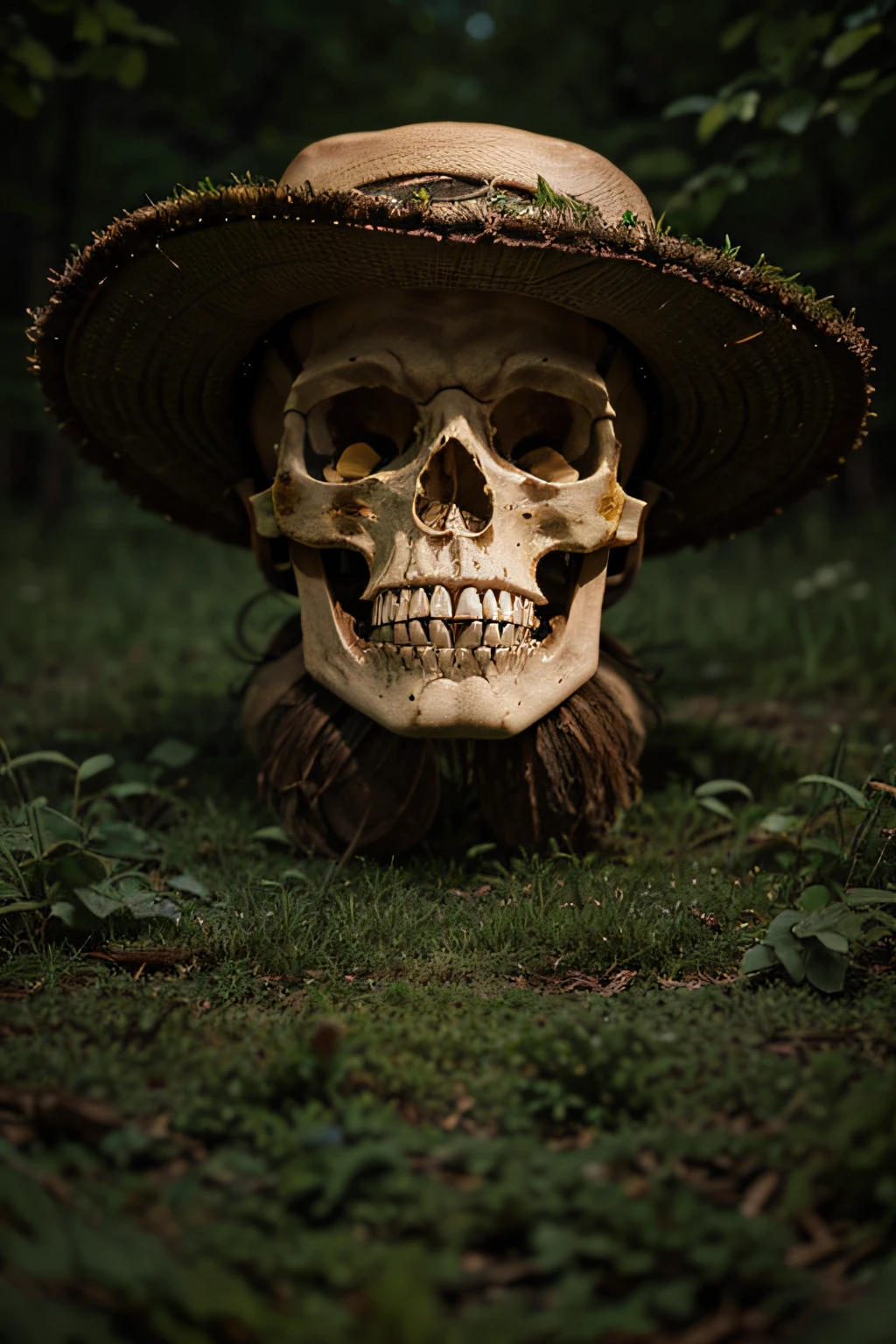 AI generative illustration of a terrifying dried human skull with hat and flowers on a green surface against a background of grassy forest