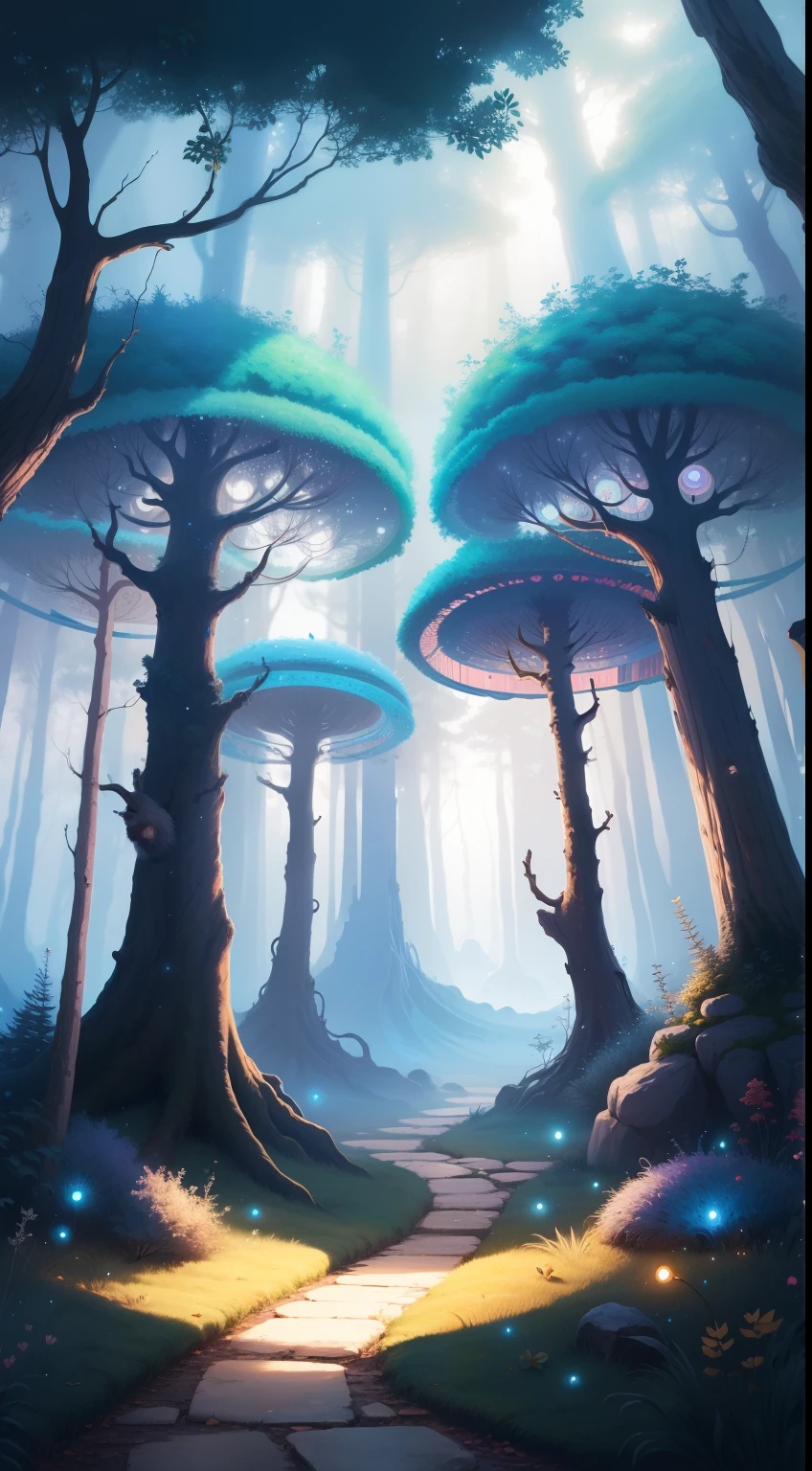 Fantasy forest, dreamy colors, circles, lights, many animals