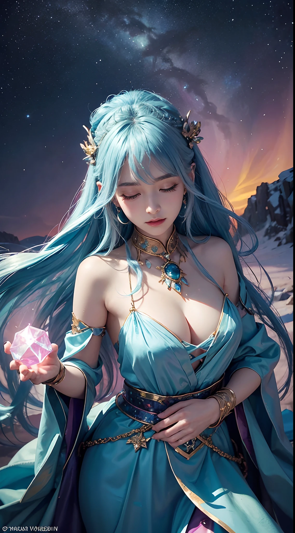 ​masterpiece、1 beautiful woman、A detailed face、A detailed eye、Detailed skin、Detailed hand、top-quality、Illuminated from the front with bright lighting、profetional lighting、The background is a little blurry、Women are fortune tellers、The background is a spiritual space（Vast Outer Space）、A golden dragon is moving in the background、fantasy worlds、The costume is a fortune teller's cosplay based on blue、Holding a large pink crystal in both hands、Images that seem to be between reality and anime、Wacky hair color（cyan colors）、Woman wearing a face veil、I'm a little overwhelmed.、Facing straight ahead、Eyes closed、Composition from the waist up、Depression、Large crystal stone on background（pinkcolor）、A little dark atmosphere、The Northern Lights are shining、Arms spread wide、Fluffy costume with jewels on the chest、voluminous skirt、