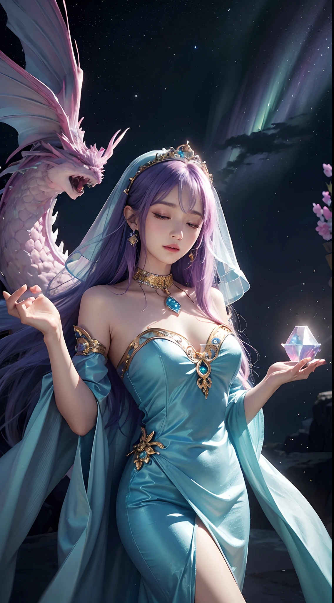 masterpiece、1 beautiful woman、A detailed face、A detailed eye、Detailed skin、Detailed hand、top-quality、Illuminated from the front with bright lighting、profetional lighting、The background is a little blurry、Women are fortune tellers、The background is a spiritual space(Vast Outer Space)、A golden dragon is moving in the background、fantasy worlds、The costume is a fortune teller's cosplay based on blue、Holding a large pink crystal in both hands、Images that seem to be between reality and anime、Wacky hair color(cyan colors)、Woman wearing a face veil、I'm a little overwhelmed.、Facing straight ahead、Eyes closed、Composition from the waist up、Depression、Large crystal stone on background(pinkcolor)、A little dark atmosphere、The Northern Lights are shining、Arms spread wide、Fluffy costume with jewels on the chest、voluminous skirt、