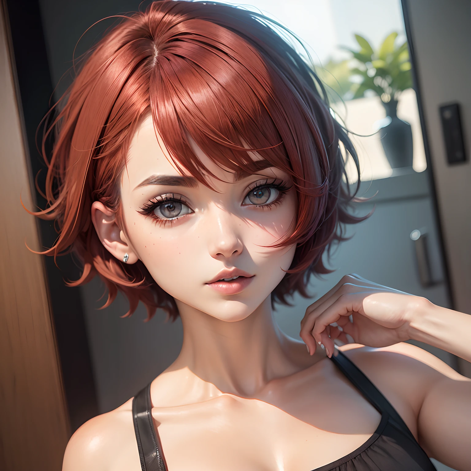 masterpiece, (realistic), highres, highly detailed, intricate, beautiful woman, Makima, red hair, detailed face