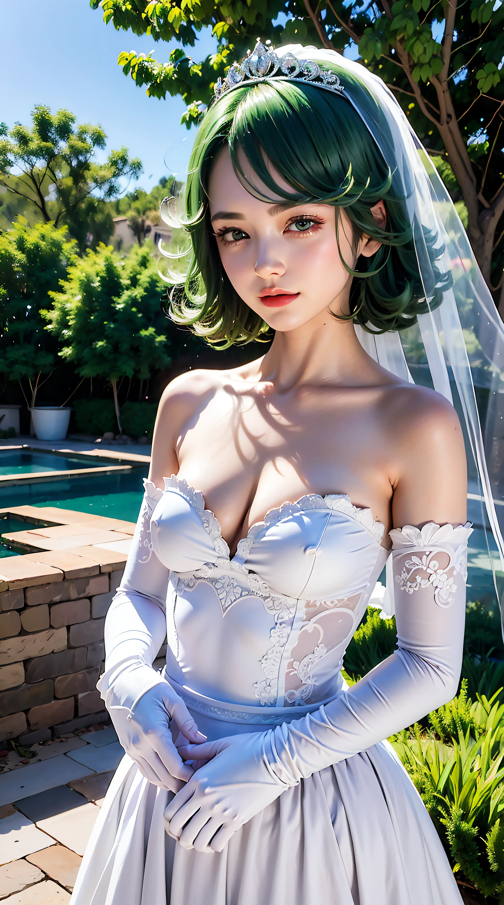 tatsumaki, green hair, short hair, small boobs, gloves, dress, cleavage, bare shoulders, collarbone, elbow gloves, white gloves, white dress, strapless, tiara, veil, strapless dress, wedding dress, bridal veil, beautiful woman, perfect body, perfect breasts, use wedding dress, ball gown, tree garden, wedding decoration, looking at the viewer, slight smile, realism, masterpiece, textured leather, super detail, high detail, high quality, best quality, 1080p, 16k