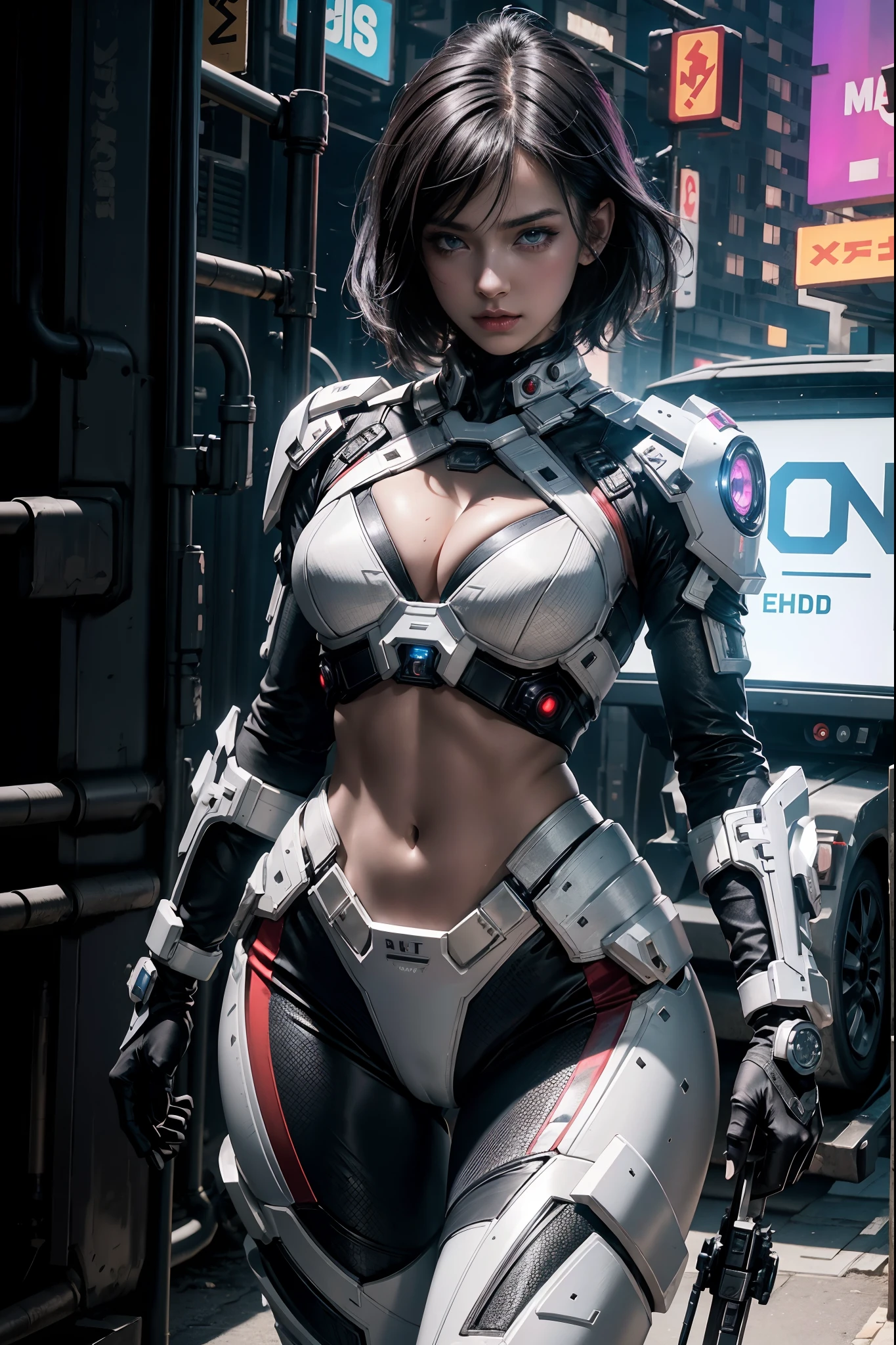 Gorgeous mech warrior woman, small white battle suit with purple and red LED lights, show stomach, very short black hair shaved on one side, high-tech, assassin, show a lot of skin, oily skin, show abs, cyberpunk city background, futuristic, detailed and intricate, cleavage, sexy masterpiece, best quality, highest quality, high definition, highly detailed, 8K, athletic and fit body, naughty, perfect hands, detailed hands, perfect eyes, detailed eyes, flirty, sexy, realistic, HDR, UHD, dynamic, cleavage