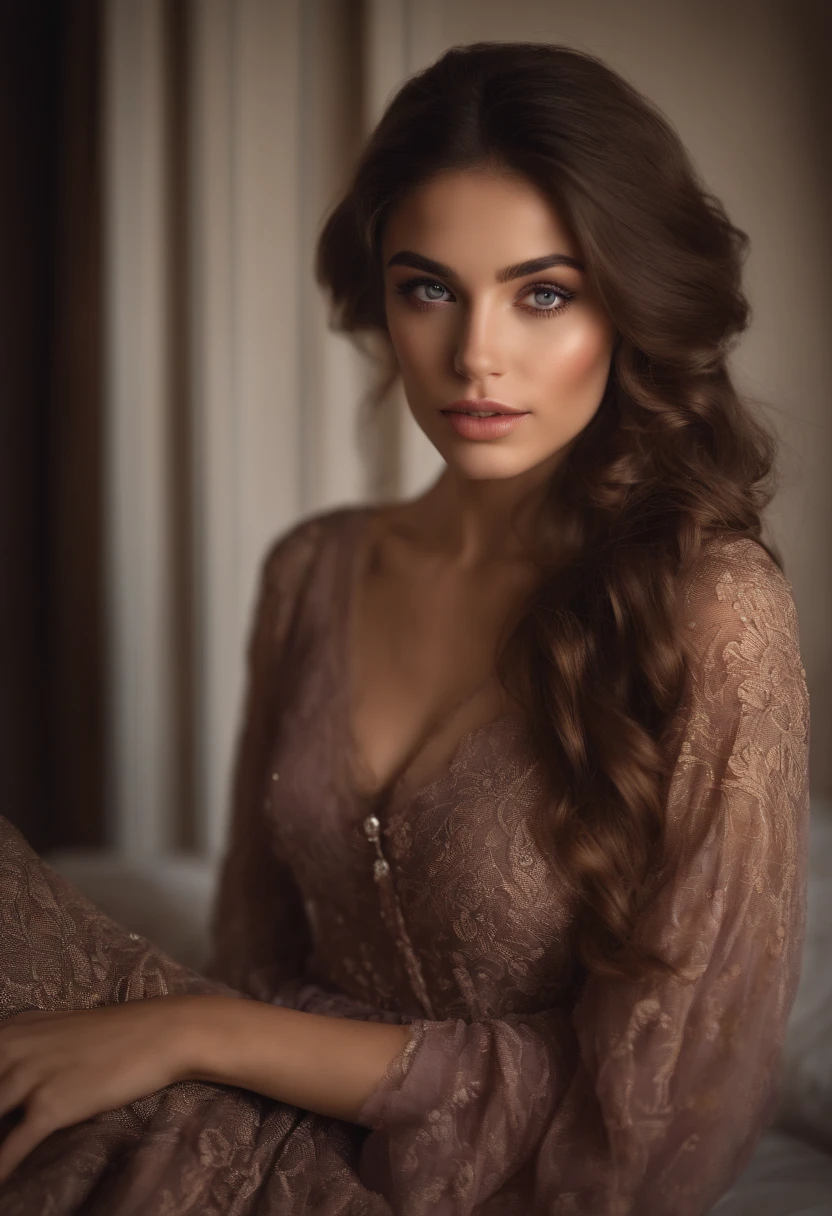 Arafed woman completely , fille sexy aux yeux bruns, French, ultra realist, Meticulously detailed, Portrait Sophie Mudd, cheveux bruns et grands yeux, selfie of a young woman, Dubai Eyes, Violet Myers, sans maquillage, maquillage naturel, looking straight at camera, Visage avec Artgram, Maquillage subtil, Great photo of the whole body kneeling on the bed, dans la chambre, Medium to large bust