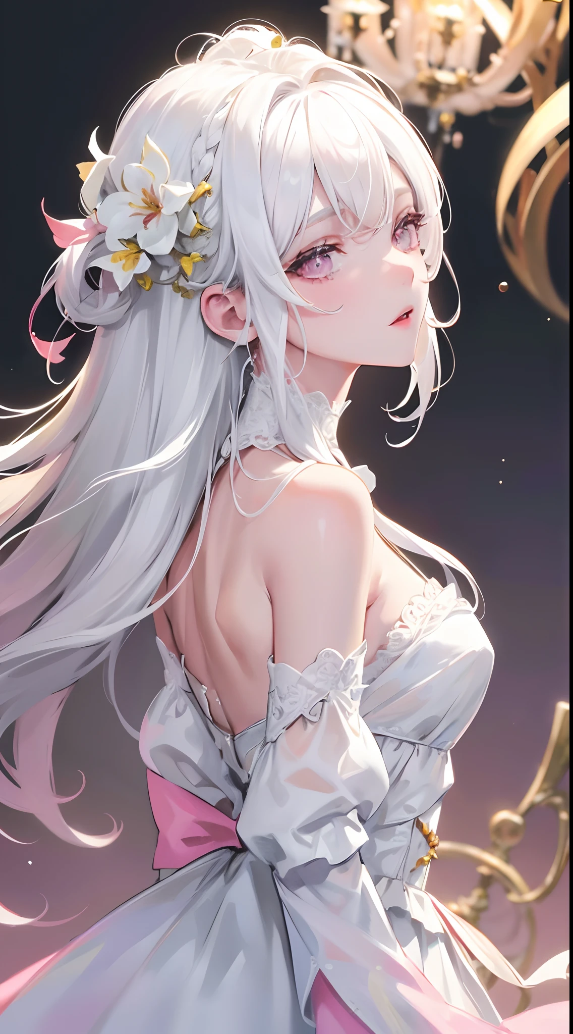 quadratic element,Beautuful Women,Garland hair ornaments,white color hair,Sunset background,pinkdress,conservativelydressed,Back Shadow,sitted,high light,Beautiful CG,Hyper-Resolution,accuracy,detail render,(Delicate facial portrayal)(Fine hair portrayal)(highest quality)(Master masterpieces)(High degree of completion)(a sense of atmosphere)tmasterpiece,ultra - detailed(half-body portrait)
