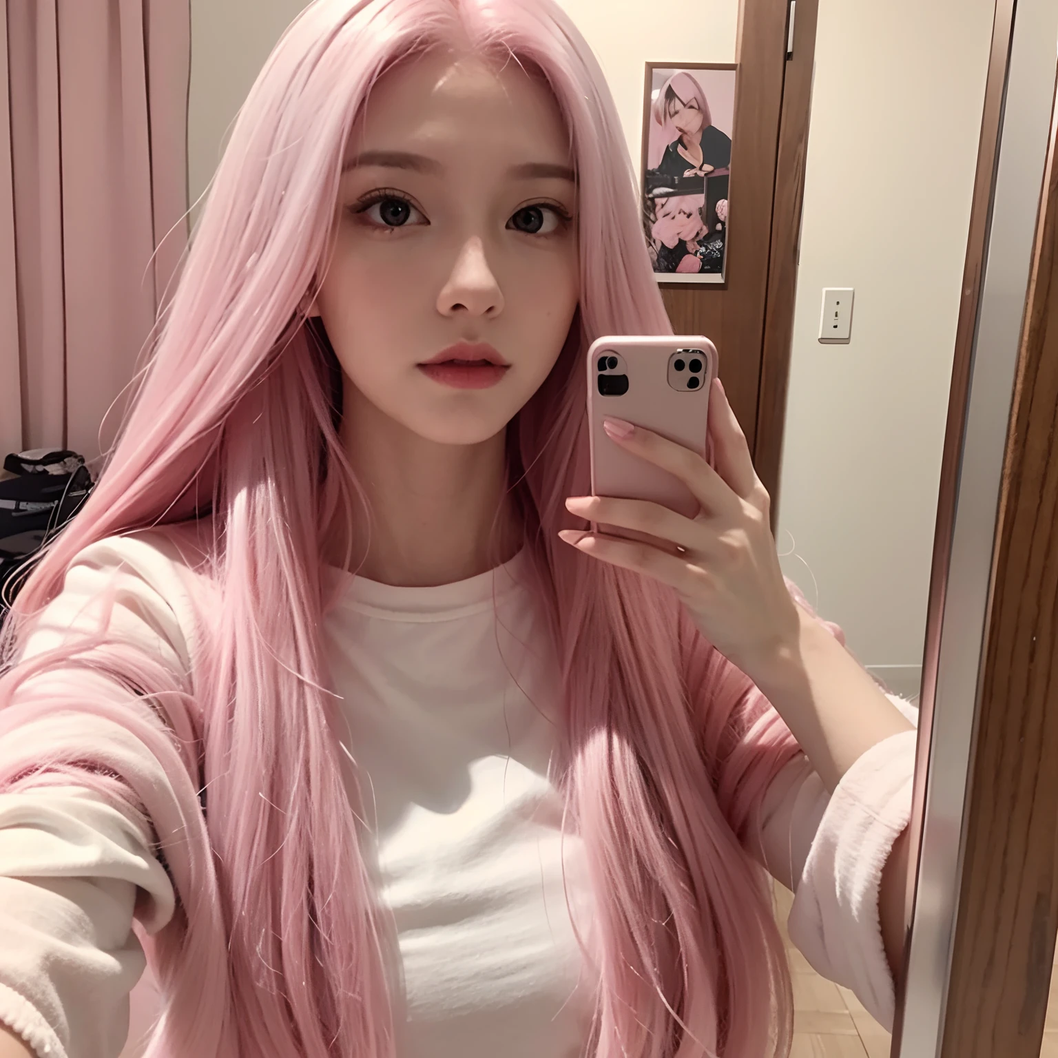 Selfie of a White girl with long pink hair