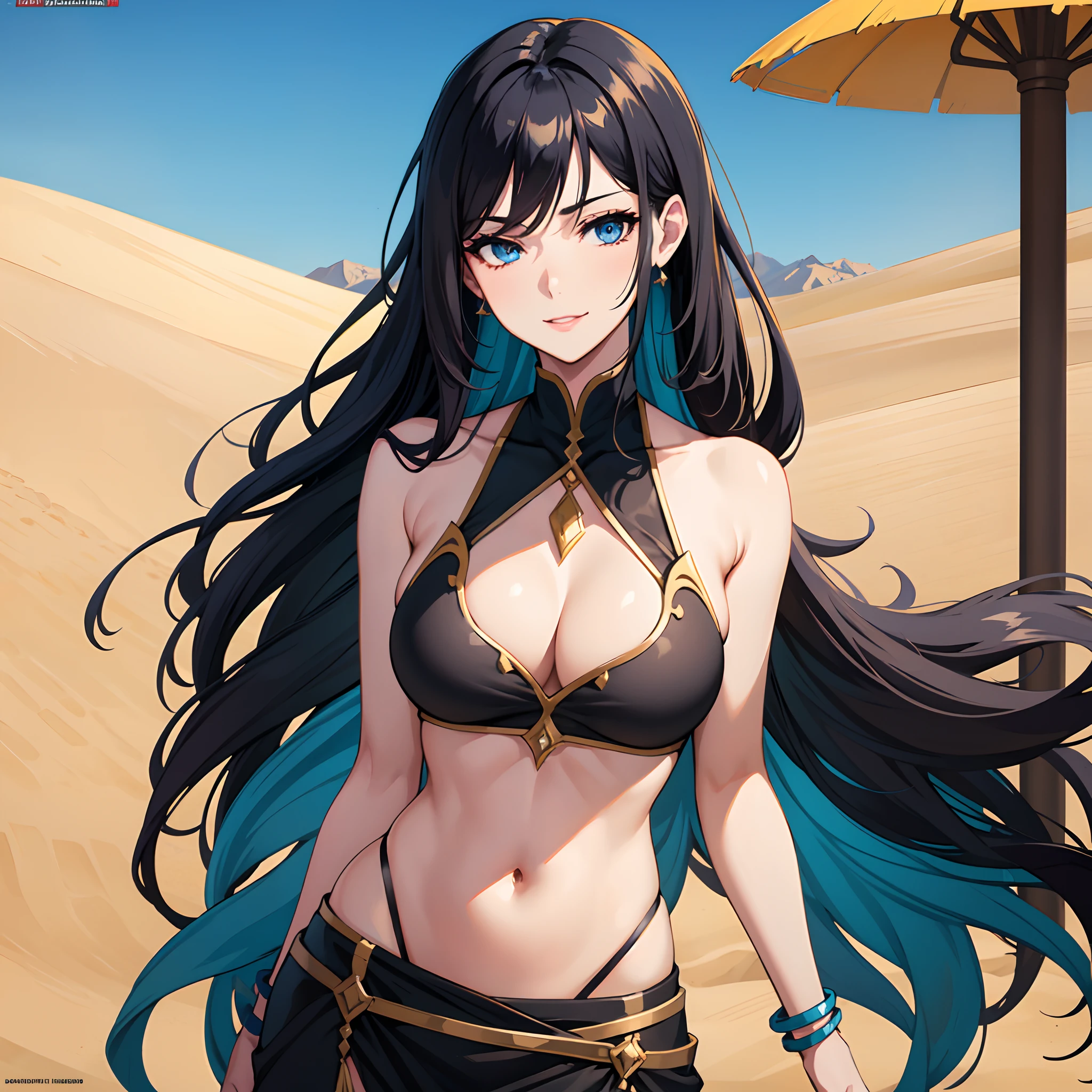 Dynamic pose, dancing, 1 girl, belly dancer outfit, long black hair, hourglass body, vibrant colors, slight smile, desert background, blue sky, detailed eyes, , pretty , pretty woman , mature woman, ultra detailed, masterpiece, wallpaper, best quality, sexy, posing, skinny, smooth animation style, standing, dynamic pose