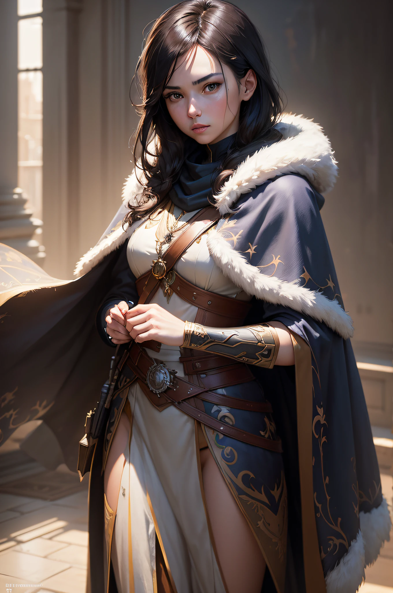modelshoot style, (extremely detailed CG unity 8k wallpaper), full shot body photo of the most beautiful artwork in the world, cloak armor, professional majestic oil painting by Ed Blinkey, Atey Ghailan, Studio Ghibli, by Jeremy Mann, Greg Manchess, Antonio Moro, trending on ArtStation, trending on CGSociety, Intricate, High Detail, Sharp focus, dramatic, photorealistic painting art by midjourney and greg rutkowski