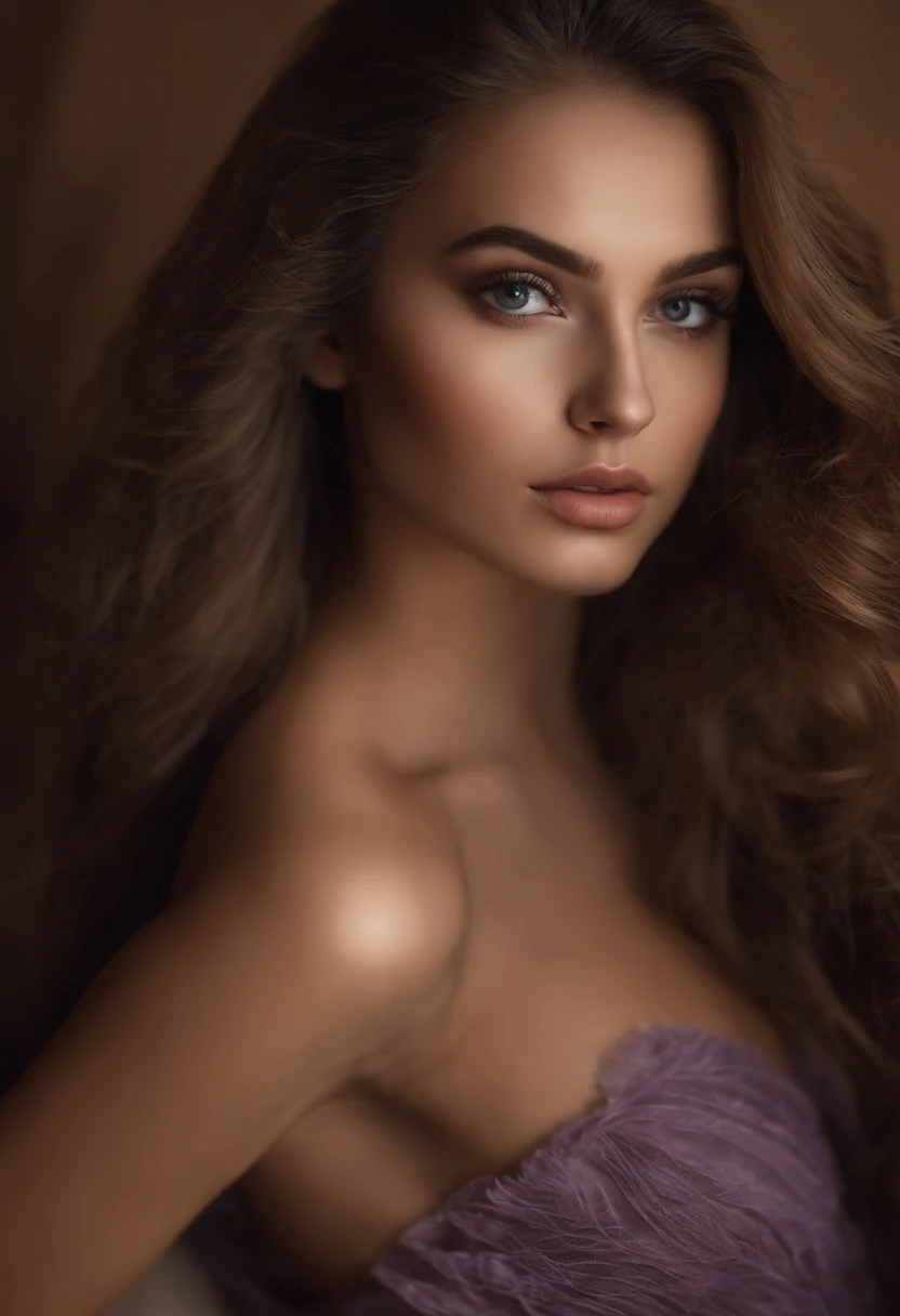 Arafed woman completely , fille sexy aux yeux bruns, French, ultra realist, Meticulously detailed, Portrait Sophie Mudd, cheveux bruns et grands yeux, selfie of a young woman, Dubai Eyes, Violet Myers, sans maquillage, maquillage naturel, looking straight at camera, Visage avec Artgram, Maquillage subtil, Great photo of the whole body kneeling on the bed, dans la chambre, Medium to large bust