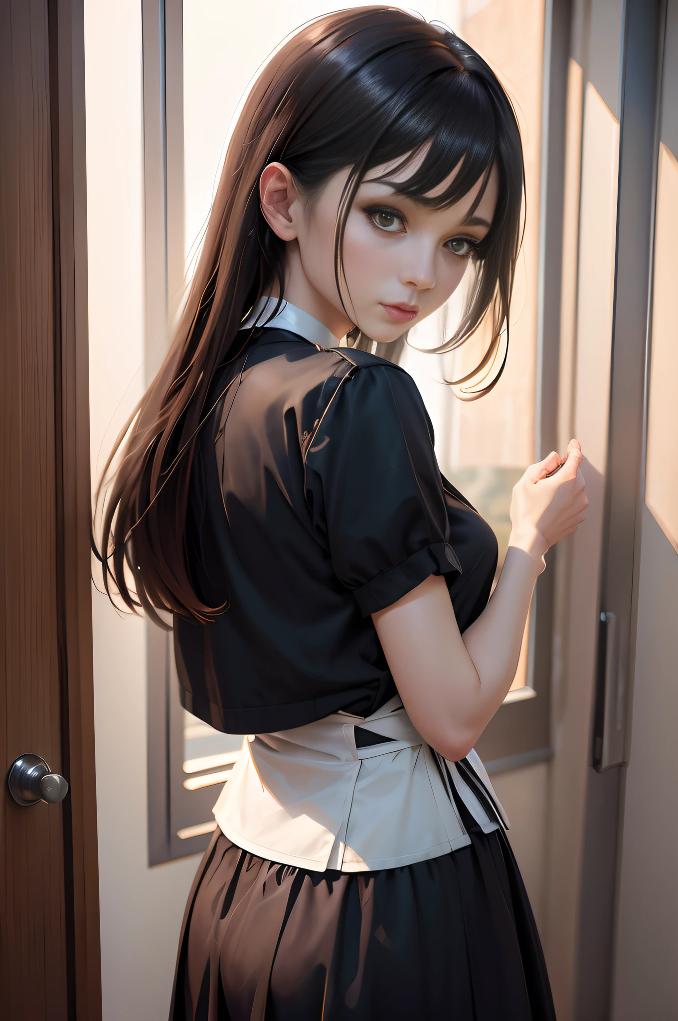 Shoulder-length ponytail，French bangs，white  shirt，schoolgirls