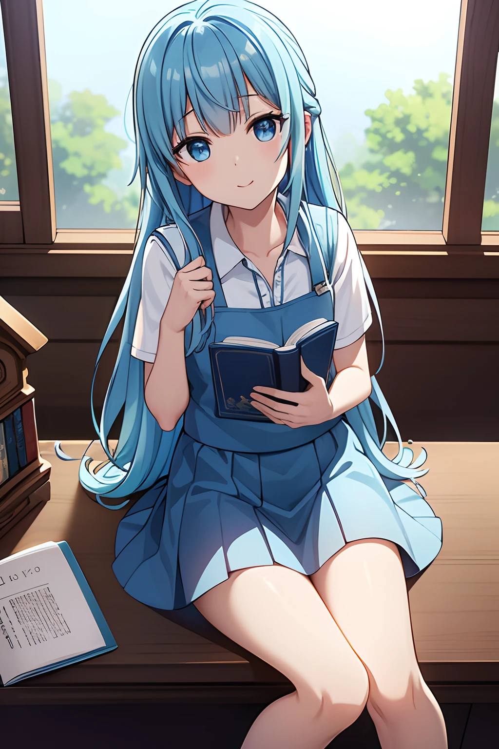 top-quality、Photorealsitic、in 8K、hight resolution、Perfect litthing、a gorgeous、masterpiece、book library、Sit up、Unclear、blue hairs