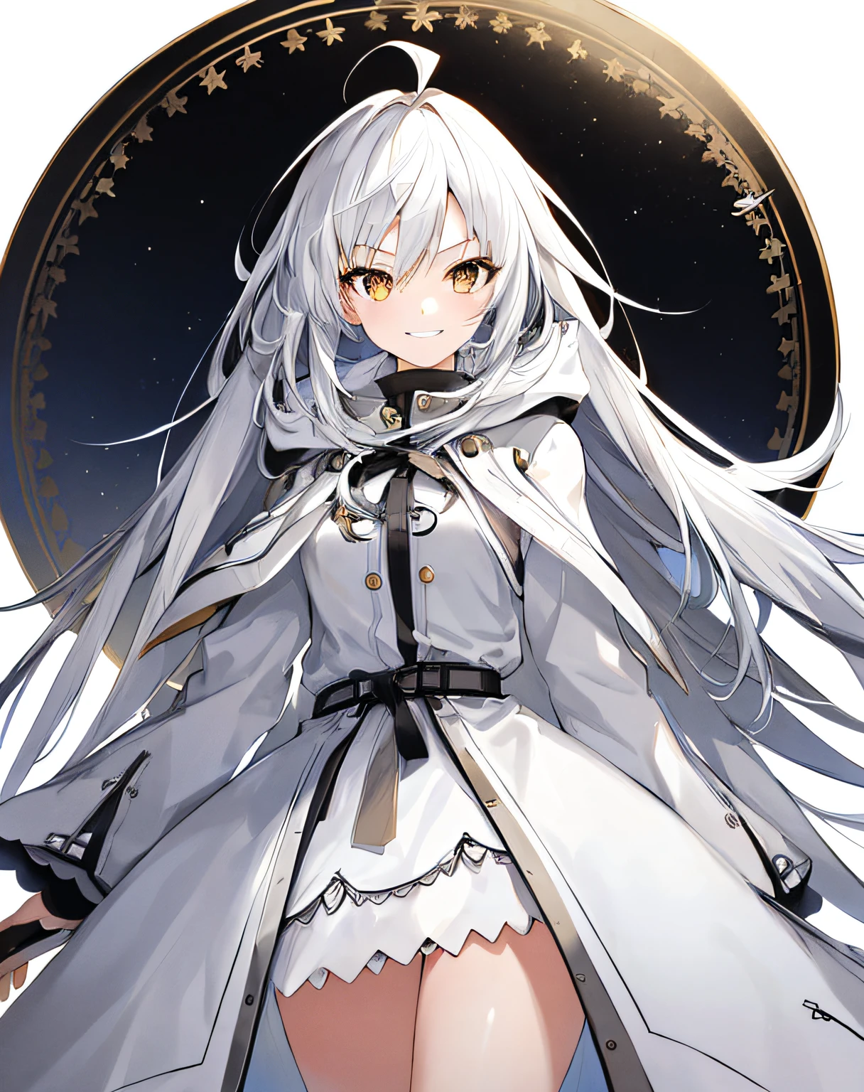 1girl, {solo}, upper body ,{{ {looking at viewer}}}, arm at side, concept art, white background, simple background, white hair, silver gradiient hair , complex cloth, asymmetrical clothes, virtual youtuber, best quality, masterpiece, dynamic angle, guilty gear, guilty gear, guilty gear, cowboy_shot, looking_back, grabbing, girl,woman,female, young,20 years old, very long hair, flipped hair, silver hair, flowing hair, ahoge, smirk, beautiful and delicate golden eyes, teeth, medium_breasts, blonde eyes, white skin, coat, hoodie, black_shorts, grey Clothes, transparent_background, backlighting, absurdres, highres, ultra detailed,