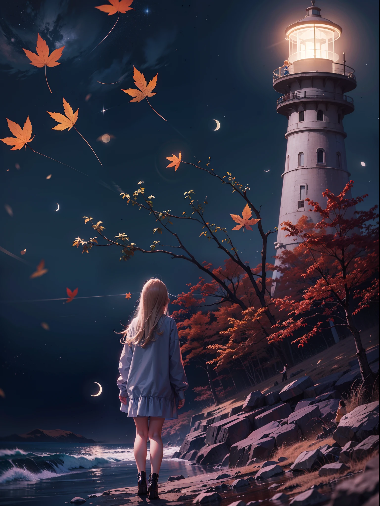 Girl standing near the lighthouse, heavy falling of the maple leafs, night view, moon lit effects, very extremely detailed, 24K UHD graphics