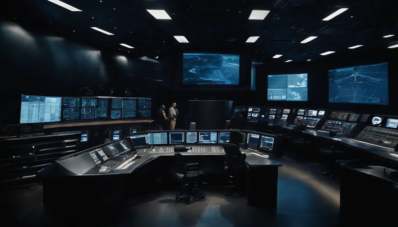 a picture、(Photorealsitic:1.4)、(hyper realisitic:1.4)、(Cinematic:1.5)、NASA、Control Room、Giant monitor、Dark blue tones、