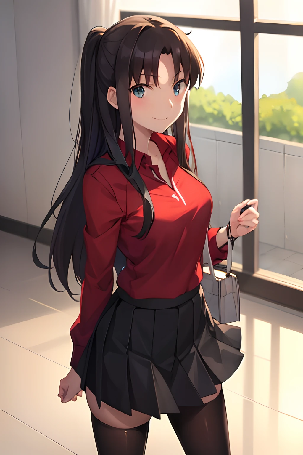 Best Quality, (masutepiece:1.2), Highly detailed,Indoors, Tohsaka Rin,1girl in, Solo, Standing, Looking at the viewer, from the front side, Closed mouth, Smile,Long hair, Brown hair, Blue eyes,Red Shirt, Miniskirt, Black skirt, Black pantyhose,(Skirt lift:1.3), (white  panties:1.3)、(Skirt that rolls up:1.3)、(Fully exposed panties:1.5)