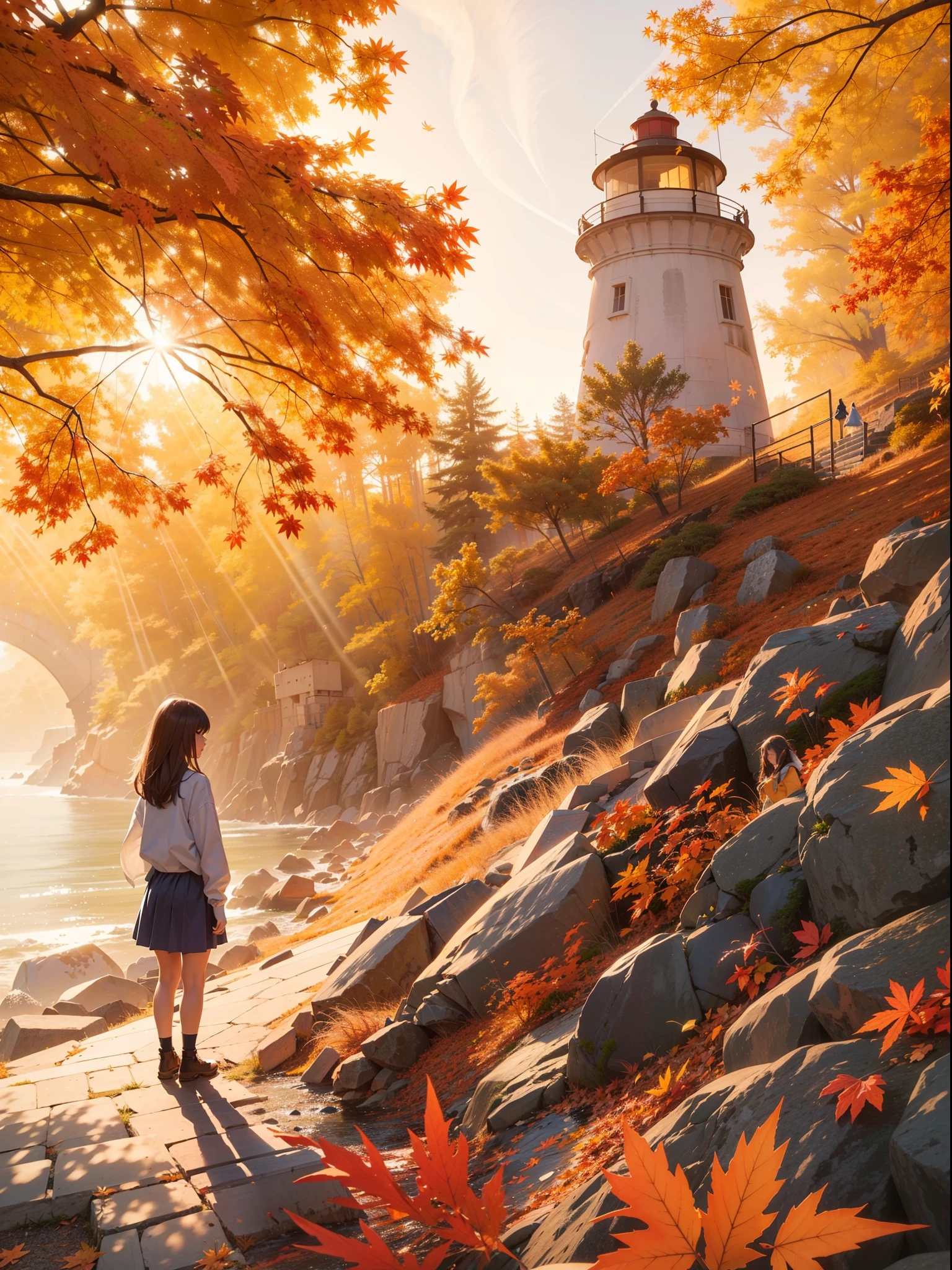 Girl standing near the lighthouse, heavy falling of the maple leafs, Day view, sun lit shinnyeffects, very extremely detailed, 24K UHD graphics