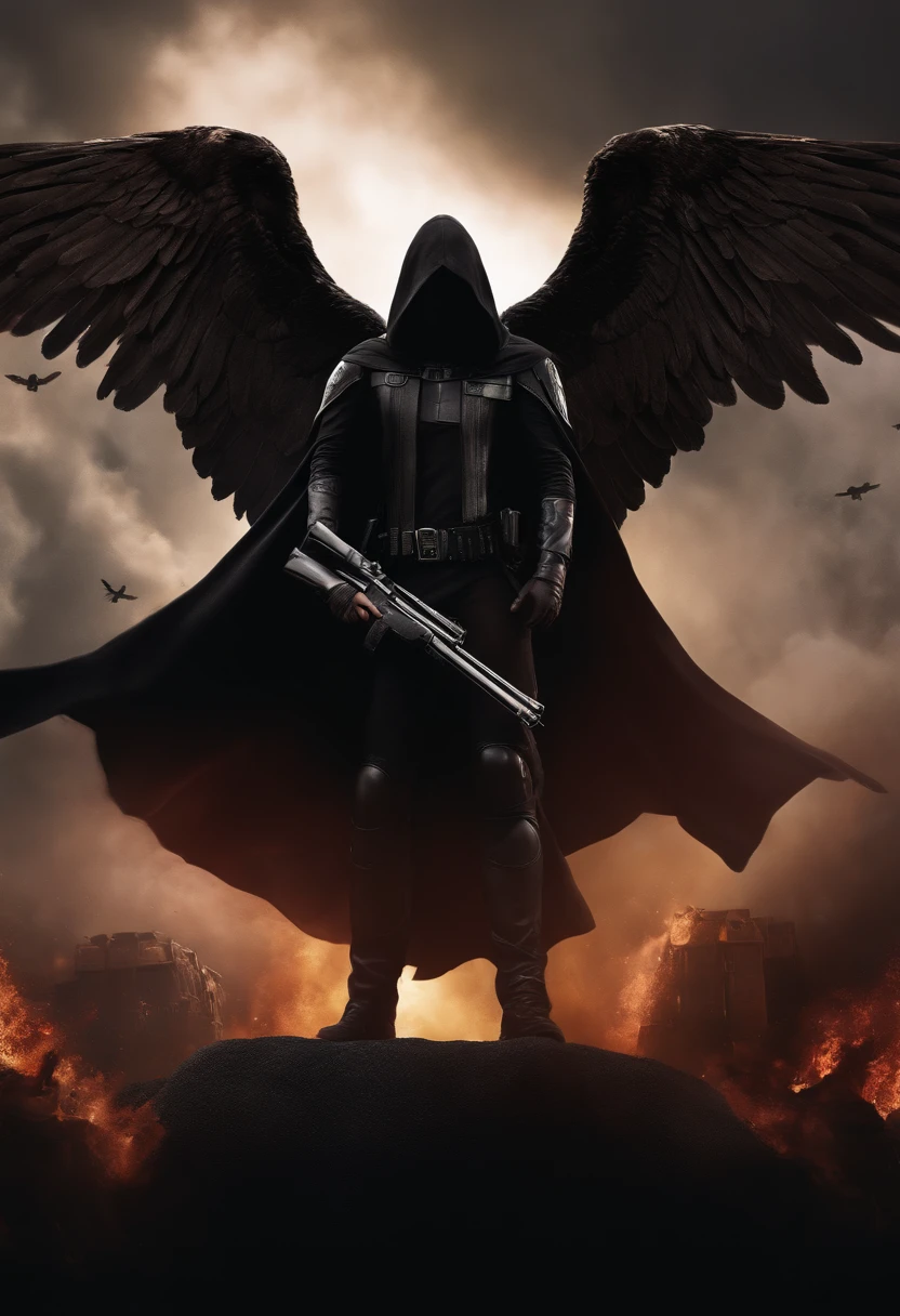 Realistic, 4K, Angels without wings, Black clothes, dark cape, one pistol, Head hood in war background image (chaos), background image lettering in the sky (T1G)