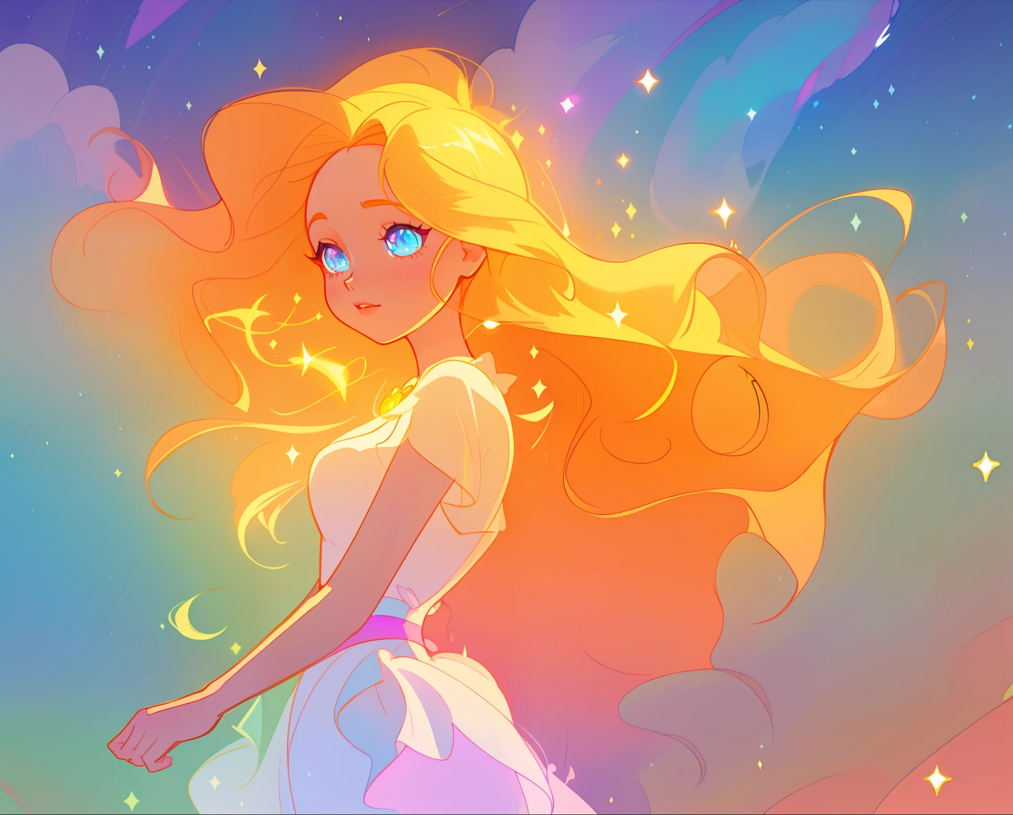 beautiful girl in white layered ballgown, vibrant pastel colors, (colorful), magical lights, golden long wavy hair, sparkling lines of light, inspired by Glen Keane, inspired by Lois van Baarle, disney art style, by Lois van Baarle, glowing aura around her, by Glen Keane, jen bartel, glowing lights! digital painting, flowing glowing hair, glowing flowing hair, beautiful digital illustration, fantasia background, whimsical, magical, fantasy, beautiful face, ((masterpiece, best quality)), intricate details, highly detailed, sharp focus, 8k resolution, sparkling detailed eyes, liquid watercolor