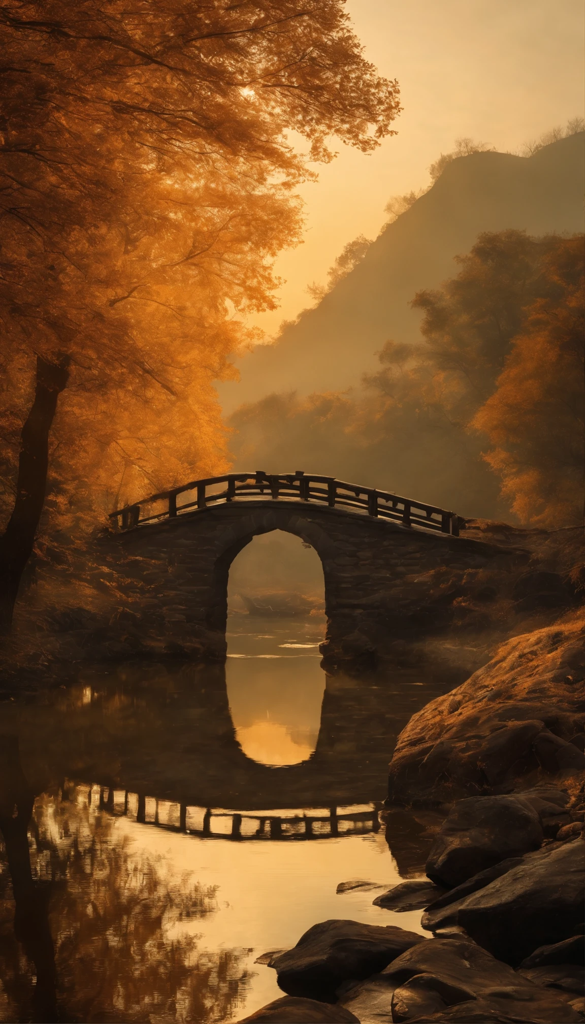 （Small bridges and flowing water，Ancient road west wind thin horse，Sunset，Broken intestines are at the end of the world）（Ancient trails lead into the distance），（A small arch bridge spans a small river，The river meanders into the distance），（The sky is windy，Fluttering yellow leaves），（A skinny white horse is pacing），（The vista is an oblique view of the sunset），（The afterglow of the setting sun shines through the clouds），（Autumn tones），（Ancient Chinese feng shui landscape painting style），（Masterpiece），（A complete painting），（Extremely detailed picture），（light and shadow effect），（Movie lighting），（cinema4d），（Light particle tracing），（rendering by octane），（Unreal 5），（Layered artistic effects），（Best Painting），（Master painting），（8K分辨率），photorealestic，realisticlying @Ray Ray