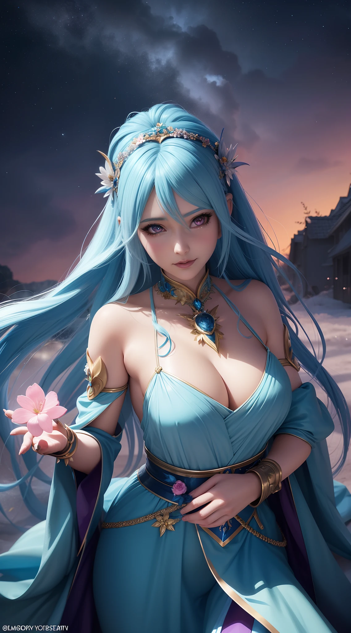 Woman with blue hair and blue dress holding flowers, anime goddess, Fantasy Art Style, very detailed Artgerm, 2. 5 d cgi anime fantasy artwork, ig model | ArtGerm, beautiful fantasy anime, beautiful alluring anime woman, Anime girl cosplay, ross tran 8 k, anime fantasy artwork, Trending on CGSTATION, beautiful celestial mage