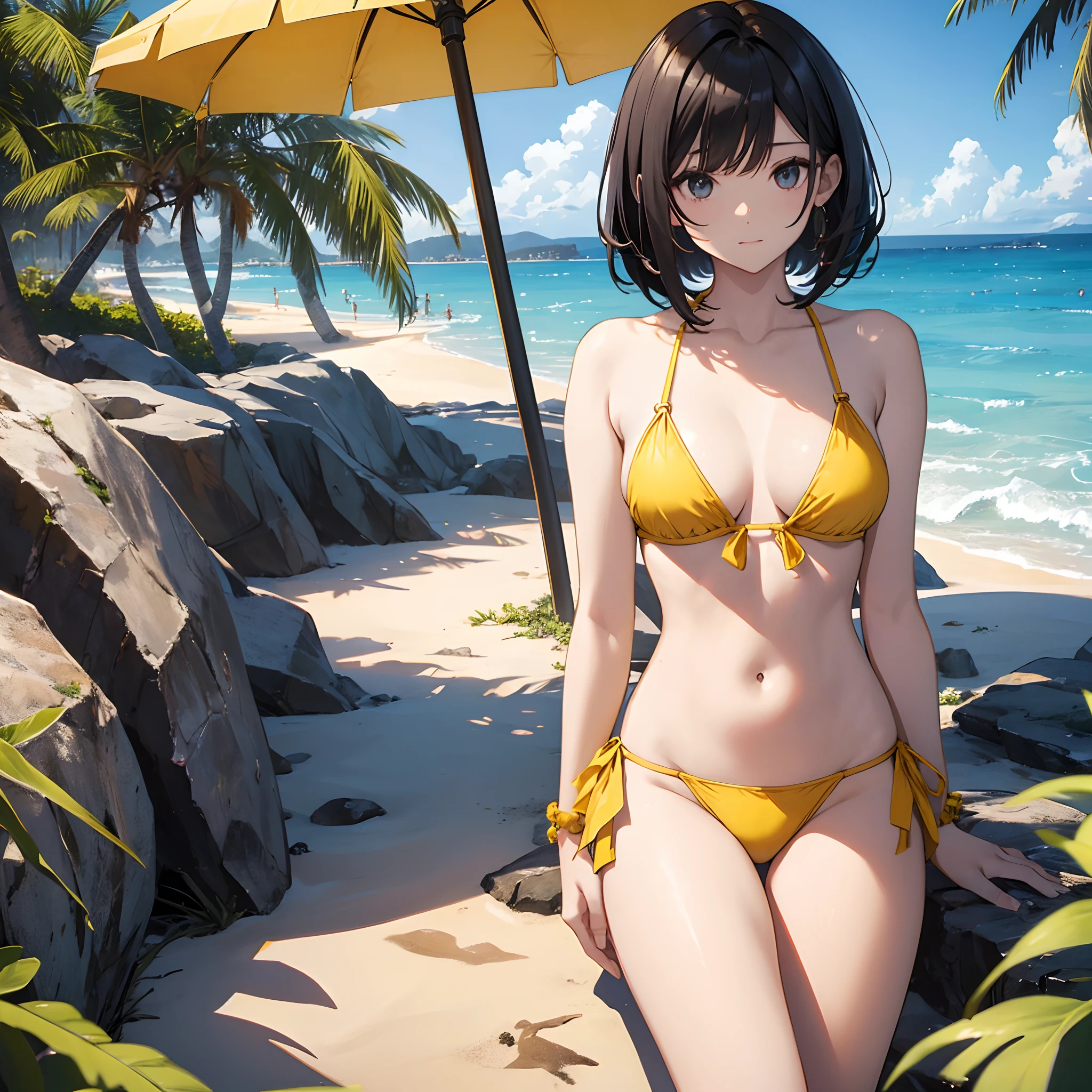 Woman in yellow bikini、shoulder-length black hair、24 year old、Medium bob、the beach、top-quality、hidden hand、Navel Ejection、teats、barechested