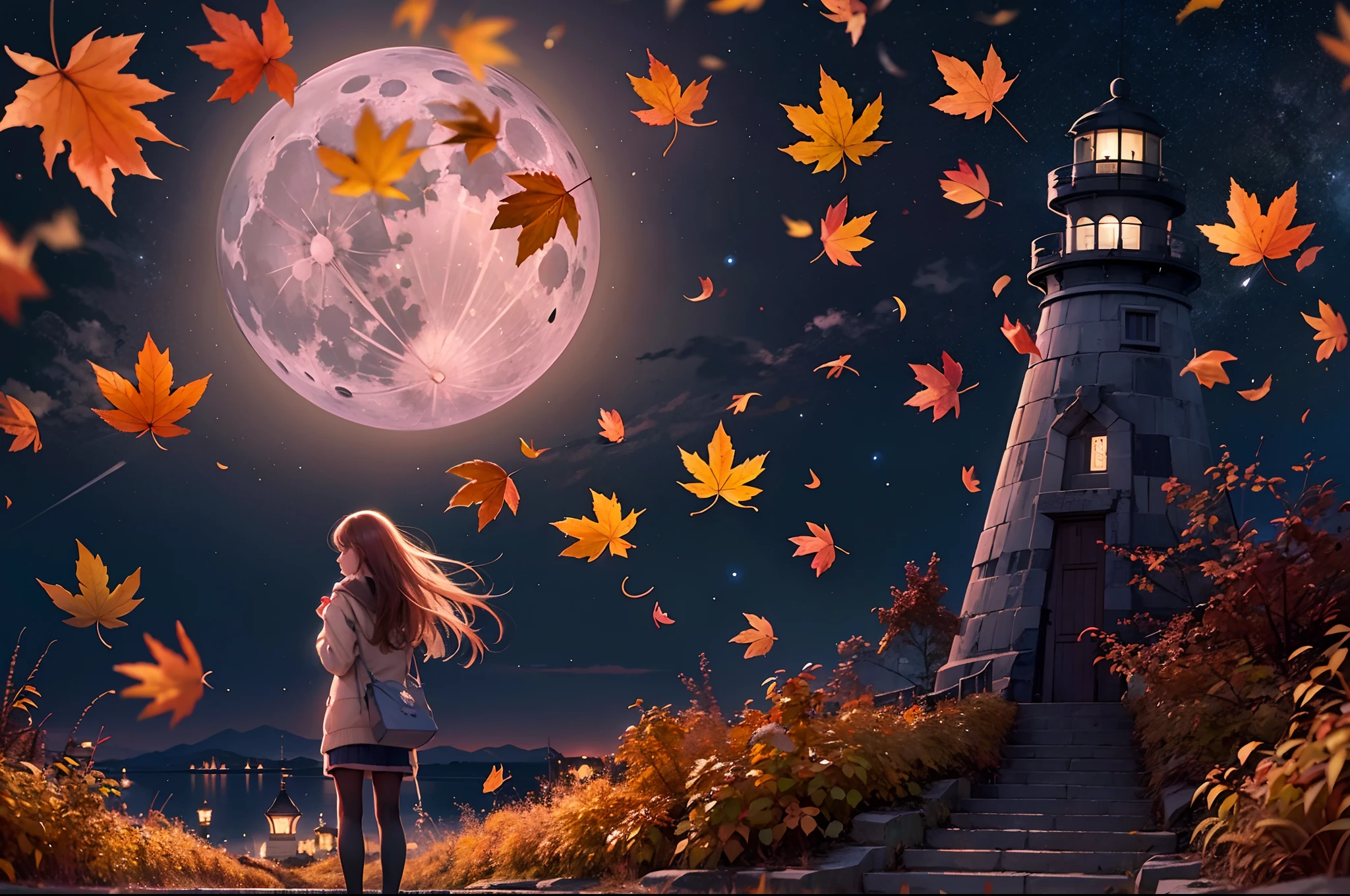 Girl standing near the lighthouse, heavy falling of the maple leafs, night view, moon lit effects, very extremely detailed, 24K UHD graphics