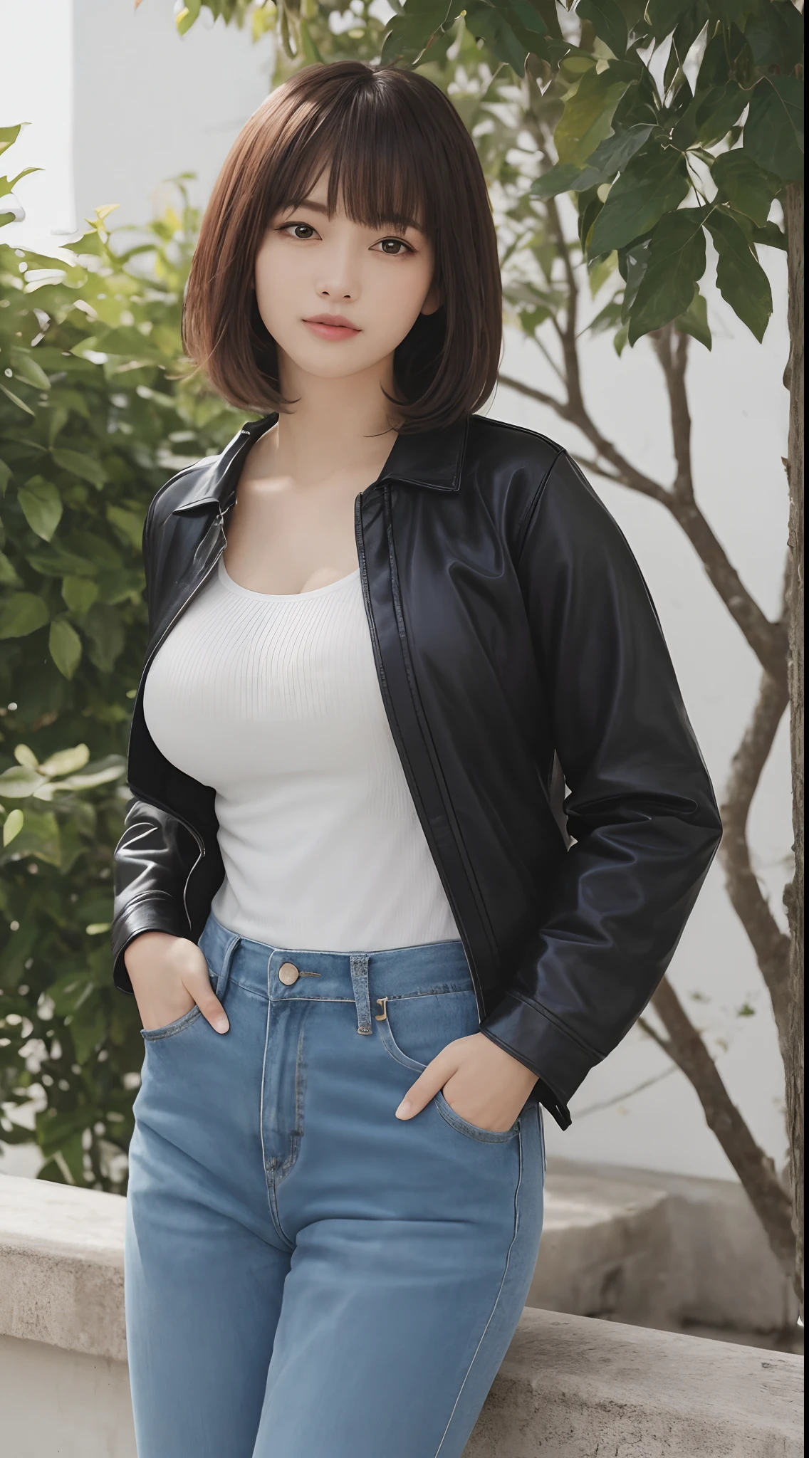 masutepiece、Best Quality、 ultra-detailliert、hight resolution、8K Wallpapers、Perfect dynamic composition,、Beautiful detailed eyes、(Beautiful Large Breasts:1.3)、27-year-old beauty、top-quality、Beautuful Women、Brown hair、Pattsun bangs、bob cuts、a small face、Cool Girl、black business jacket、Black Business Pants、Colossal tits、Chest protruding greatly from the shirt,、A slender、slender body with large breasts,,,,,,,,,,,,,,,,,,,、Leather Heel Shoes、up chest、Rooftop of an urban building、Holding a book in your right hand、Beautiful woman reading a book、The left hand puts his hand in the pocket of his pants、Beautiful right hand、Beautiful left hand、The beauty of looking at books、sunlight from sky、Silence、Transcendental tranquility、Super detailed illustration、extra detailed face、Raw photography、film grains、Deviantart Trends、